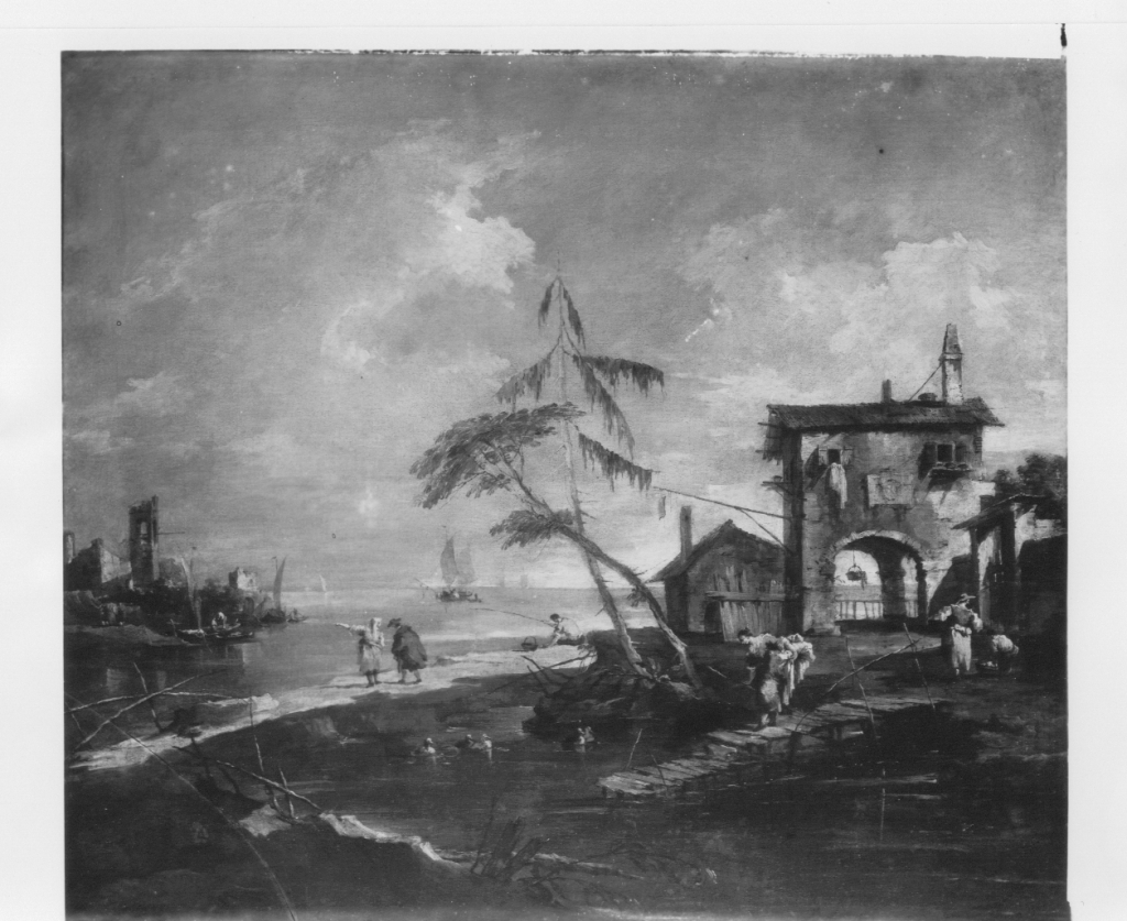 Capriccio con casa rustica in riva alla laguna (dipinto) di Guardi Francesco (XVIII)