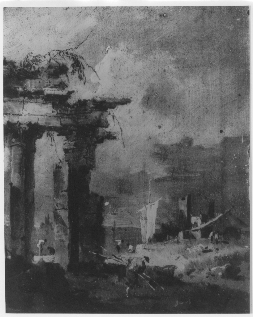 Capriccio lagunare con colonnato in rovina, Capriccio architettonico con architrave (dipinto) di Guardi Francesco (attribuito) (XVIII)