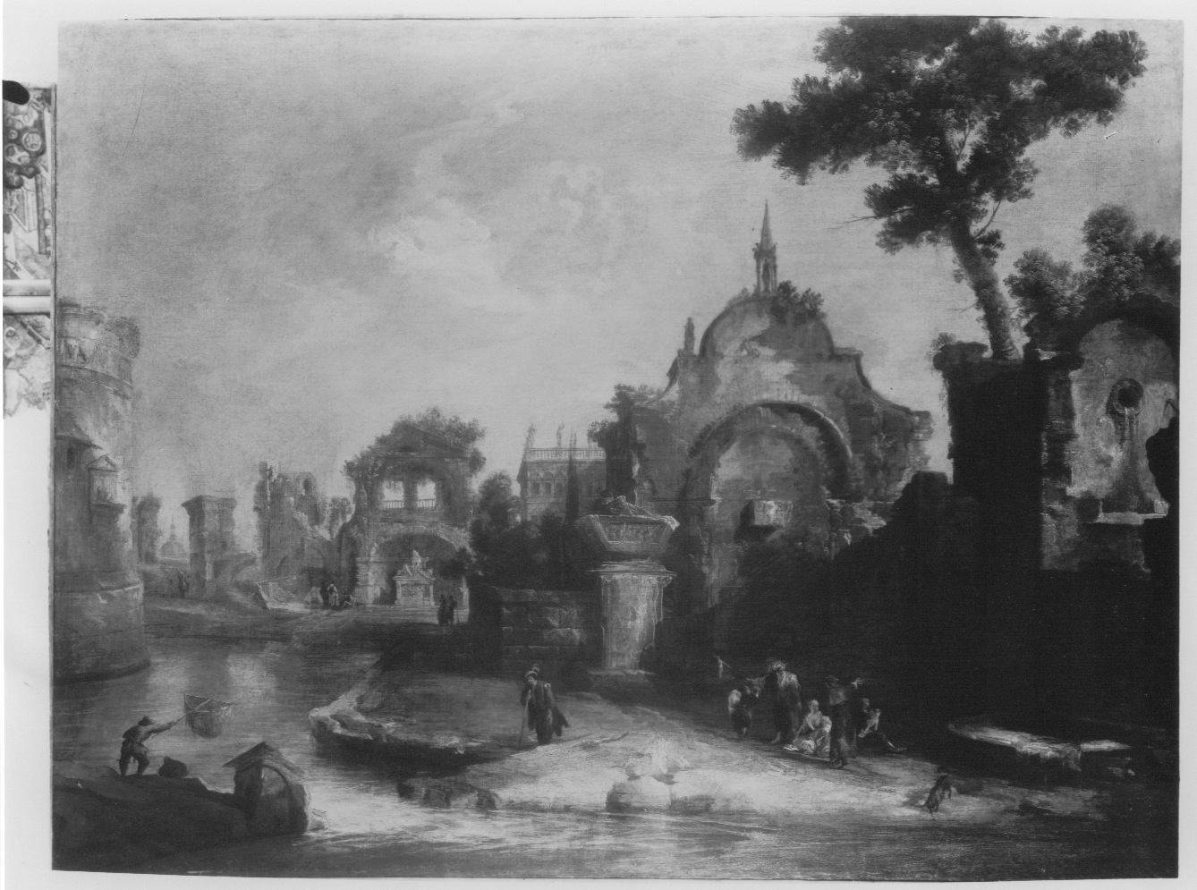 Veduta ideata con ruderi romani, medievali e architettura rinascimentale, Capriccio con ruderi, fiume e fontana (dipinto) di Canal Giovanni Antonio detto Canaletto (primo quarto XVIII)