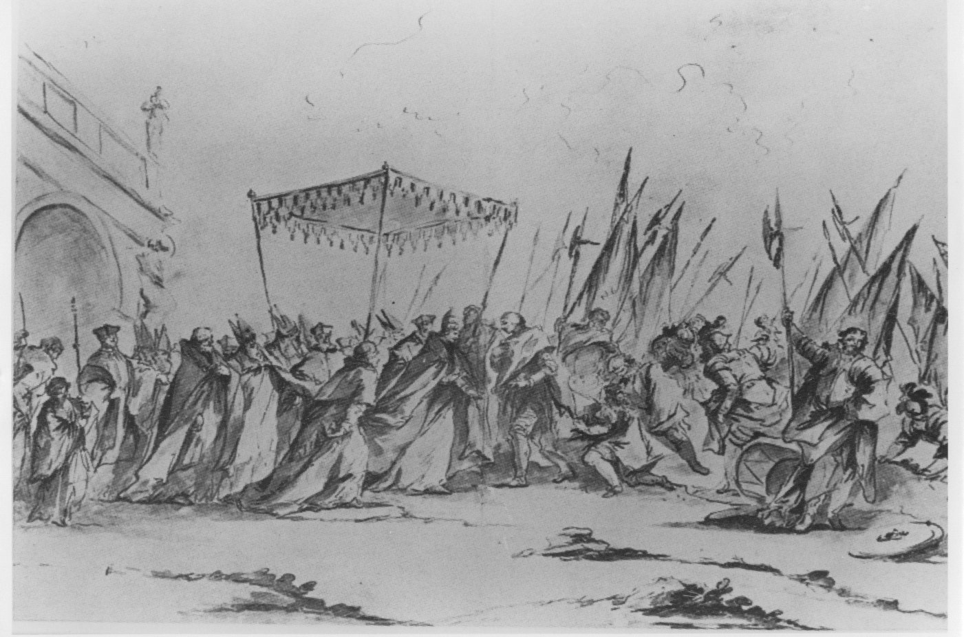 Incontro del Doge Sebastiano Ziani con papa Alessandro III dopo la vittoria di Salvore (1177), Fasti veneziani (disegno) di Giovanni Antonio Guardi (XVIII)