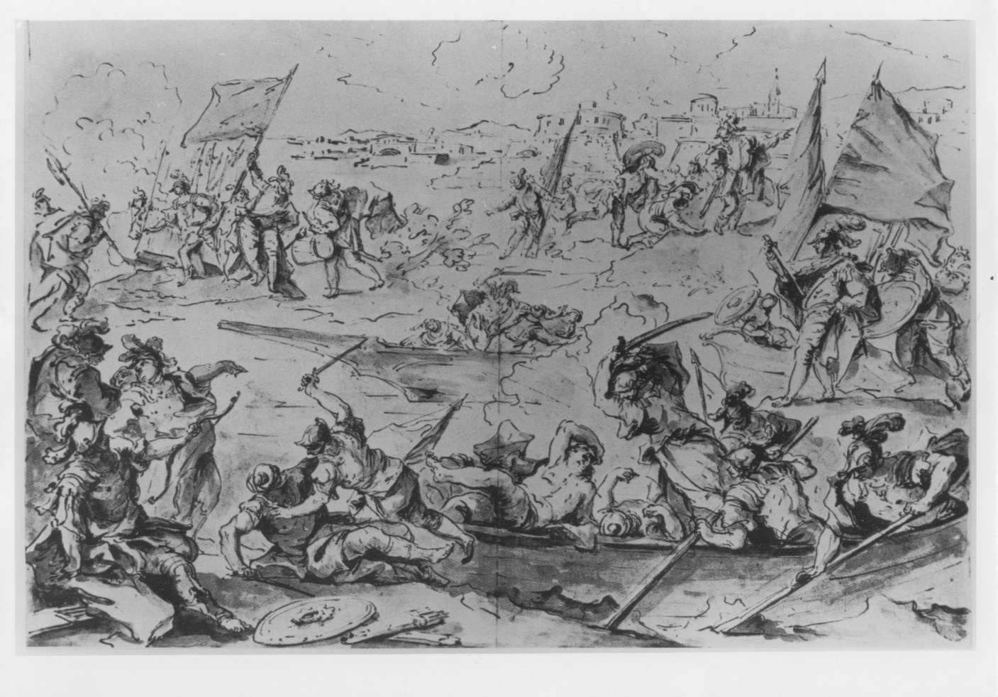 Sconfitta di Pipino, re dei Franchi, al canale Orfano (809), Fasti veneziani (disegno) di Giovanni Antonio Guardi (XVIII)