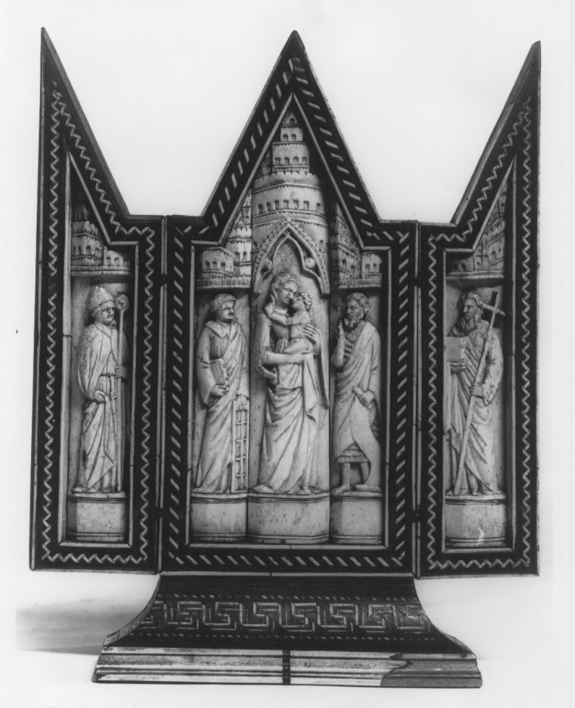 Trittico Madonna con il Bambino tra i santi Ludovico da Tolosa, Lorenzo, Giovanni Battista e Filippo (altarolo portatile) di Degli Embriachi Baldassarre (bottega) (fine XIV)