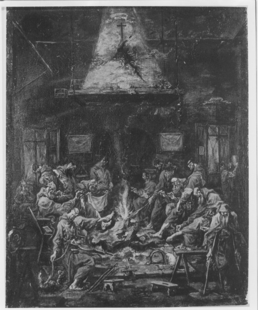 frati che si scaldano al fuoco, scaldatoio di cappuccini (dipinto) di Magnasco Alessandro (sec. XVIII)