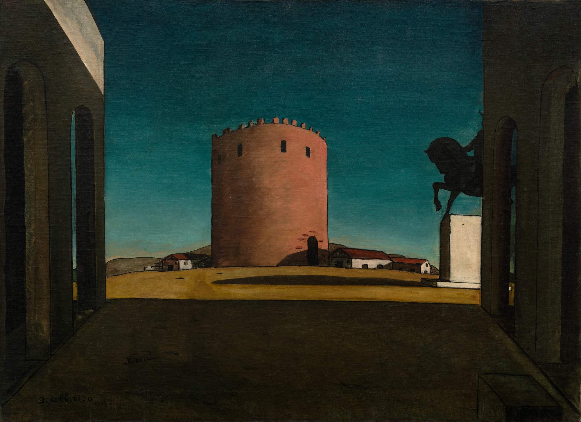 La torre rossa (La Tour rouge), paesaggio (dipinto) di De Chirico Giorgio (primo quarto XX)