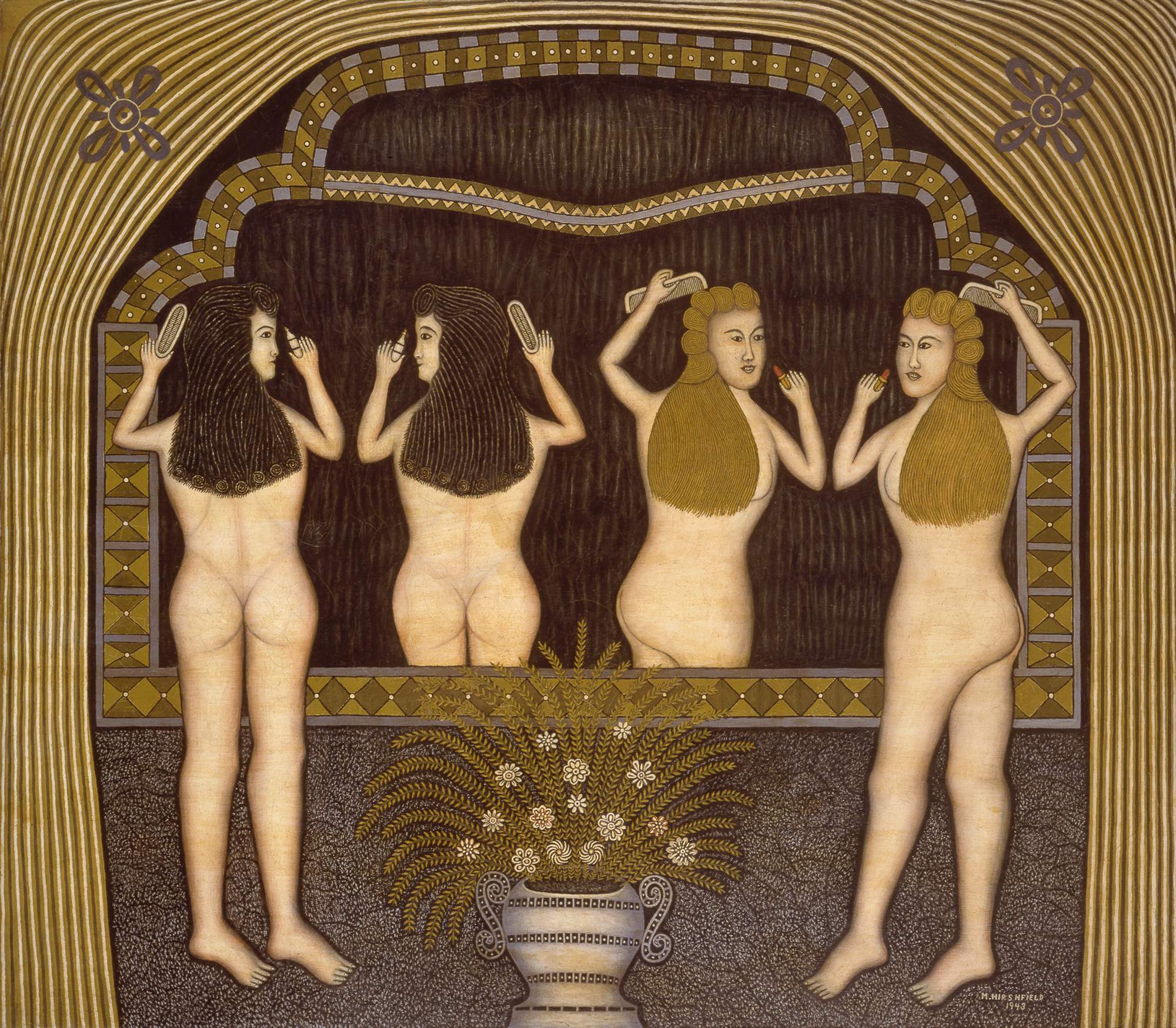 Due donne davanti allo specchio (Two Women in Front of a Mirror), Scena di toeletta (dipinto) di Hirshfield Morris (secondo quarto XX)