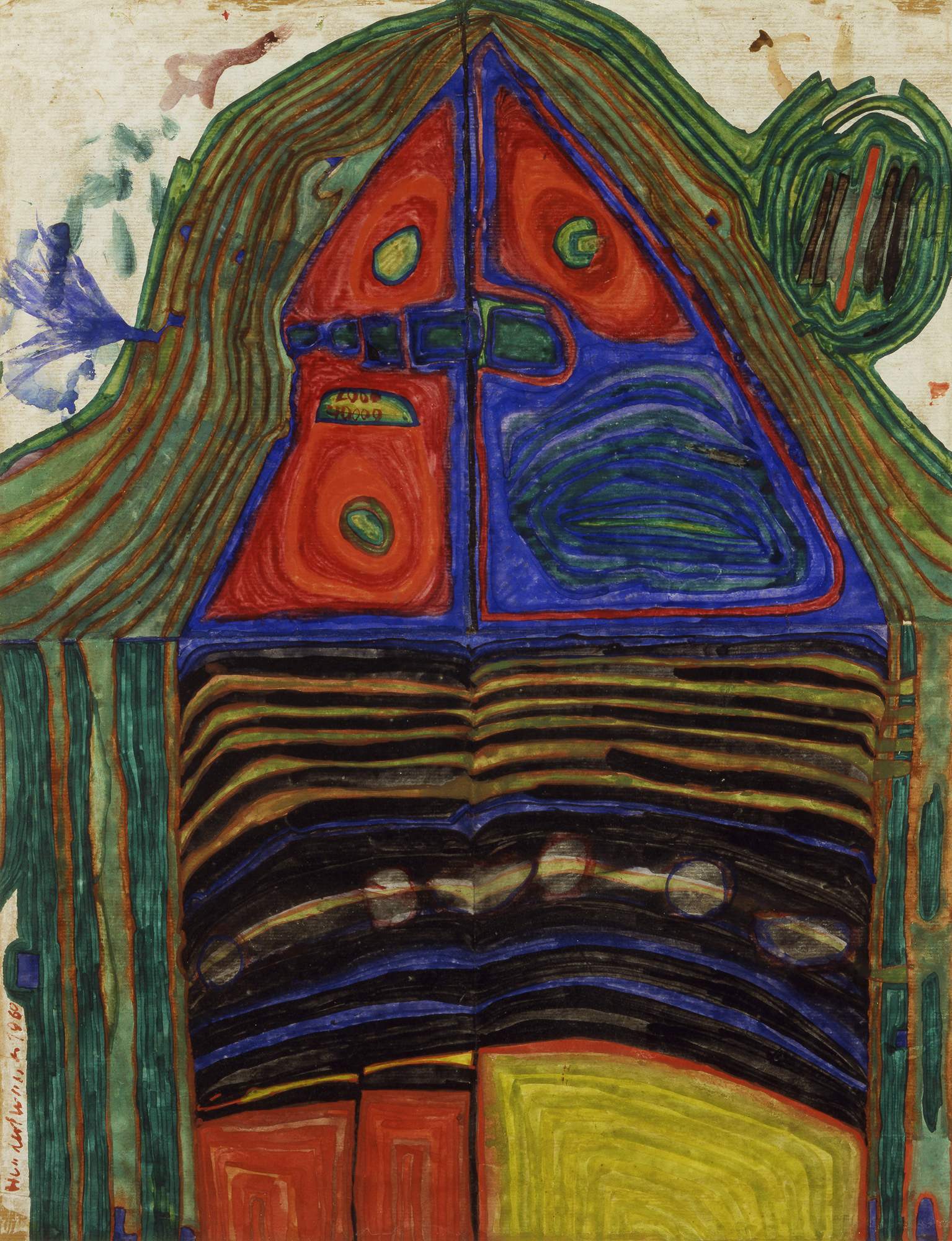 Casa che protegge - Die Schutzhütte, figura totemica (dipinto) di Hundertwasser Fritz (terzo quarto XX)