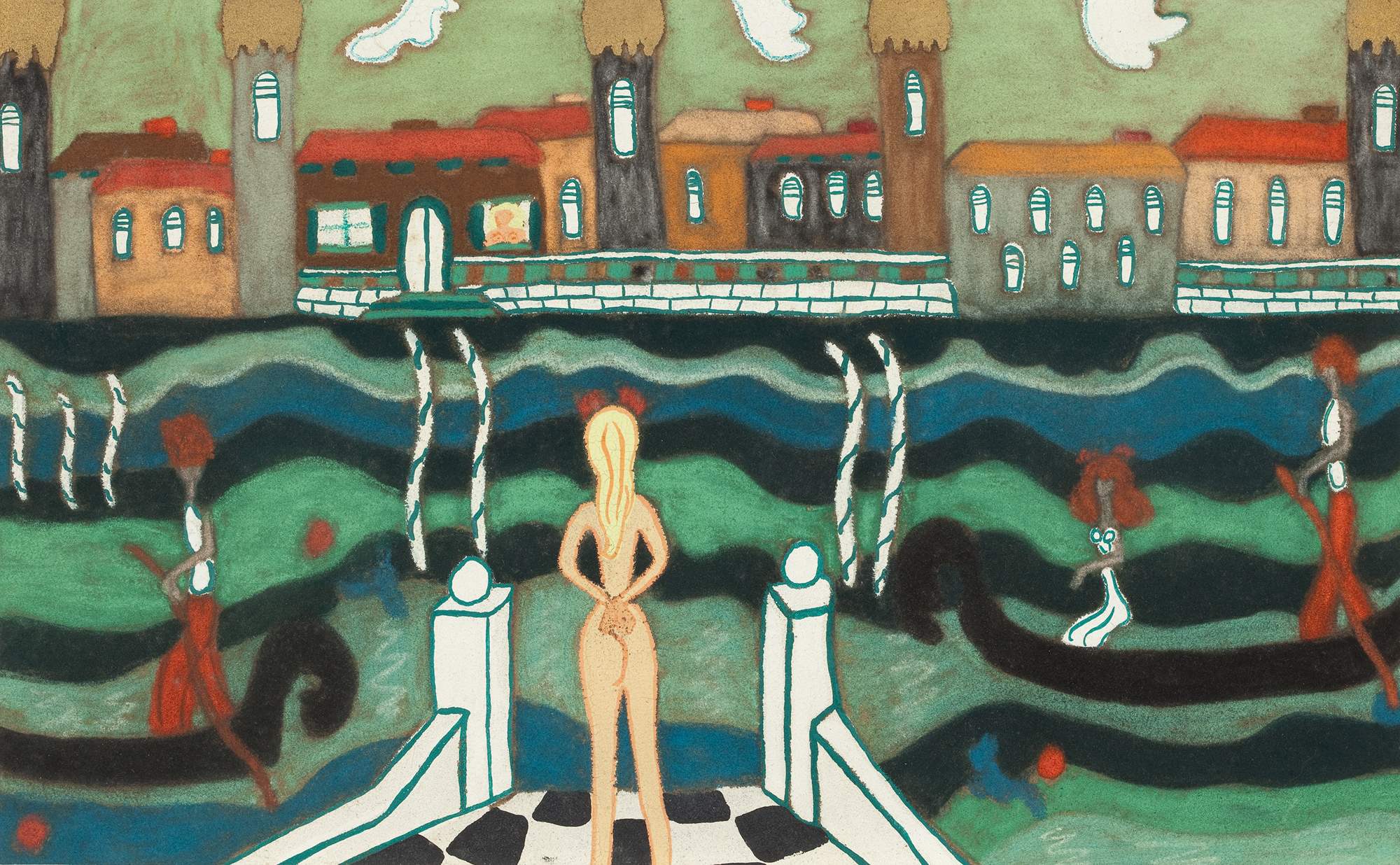 Sul Canal Grande (On the Grand Canal), paesaggio lagunare con figure umane (dipinto) di Vail Pegeen detta Pegeen (metà XX)