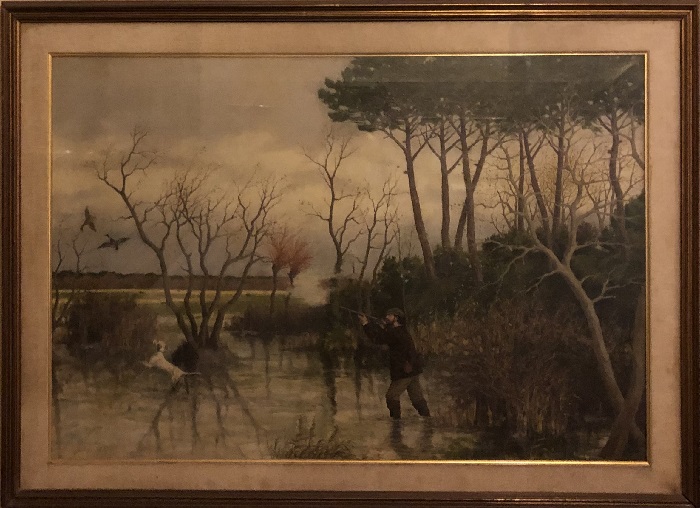 La gronda di Arnino, Paesaggio fluviale con cacciatore (dipinto) di Giuseppe Gioli (primo quarto XX)