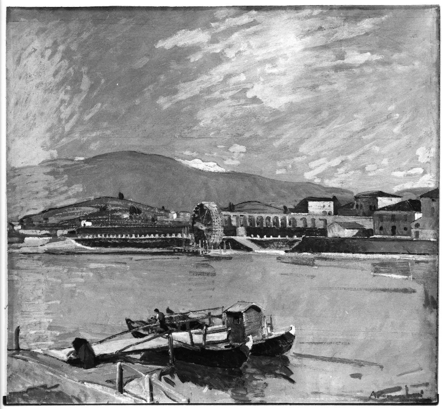 Sole d'inverno, paesaggio fluviale (dipinto, opera isolata) di Zamboni Angelo (sec. XX)