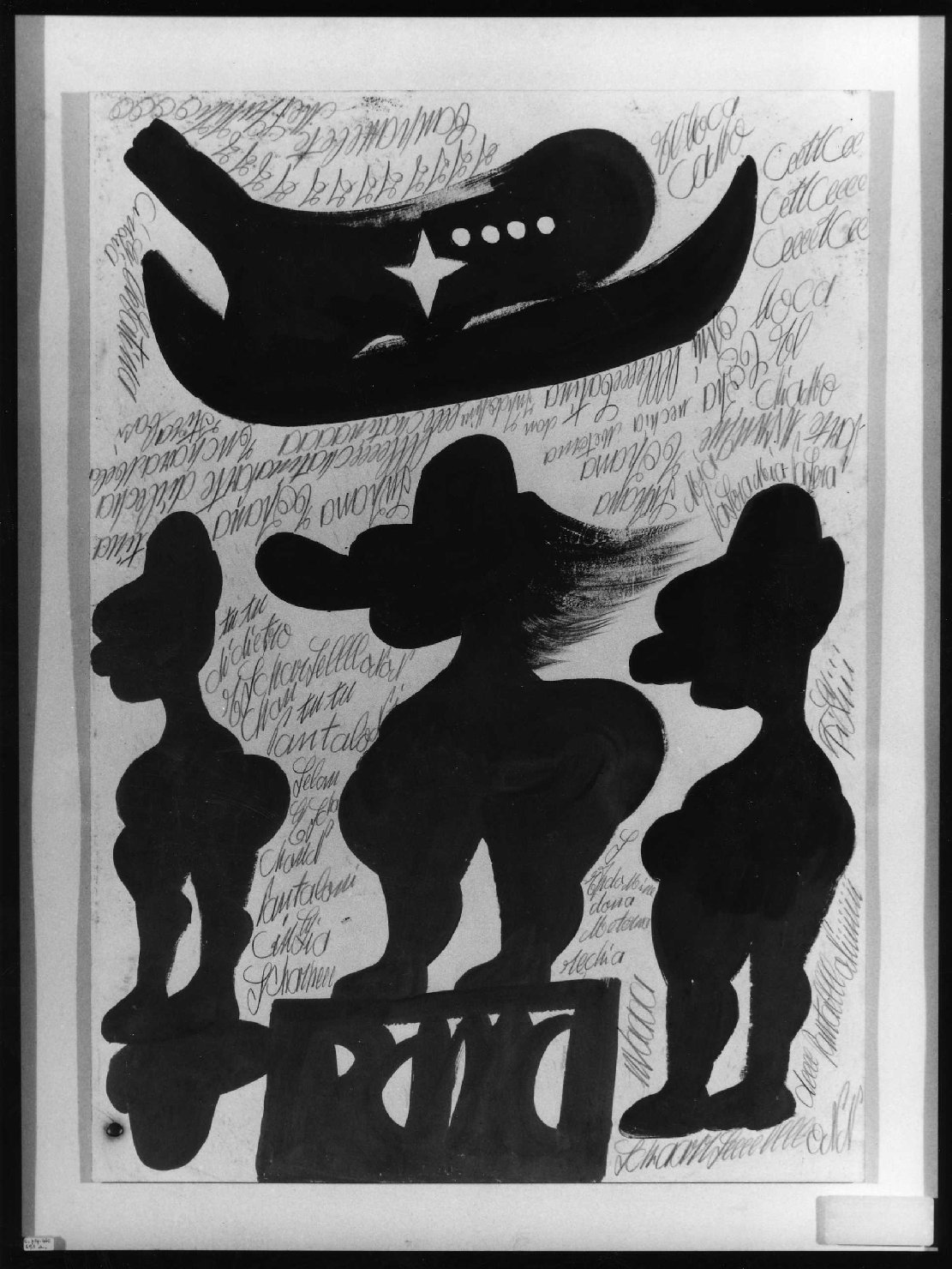 Tre figre di "alpini" e cavallo acefalo su sfondo a scritte./ Cavallo acefalo e composizione con stella su sfondo a scritte, figure maschili e animali fantastici (dipinto, opera isolata) di Zinelli Carlo (sec. XX)