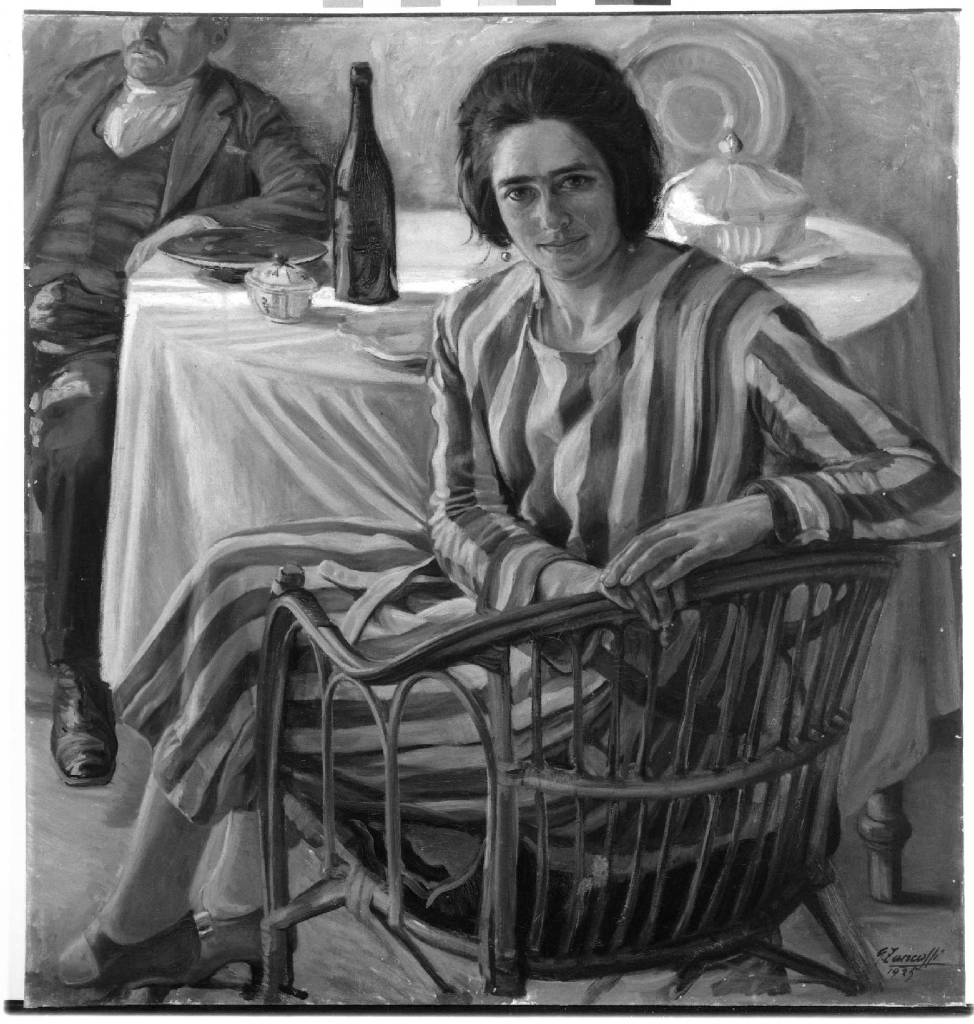 Dopo colazione, figura femminile seduta (dipinto, opera isolata) di Zancolli Giuseppe (sec. XX)