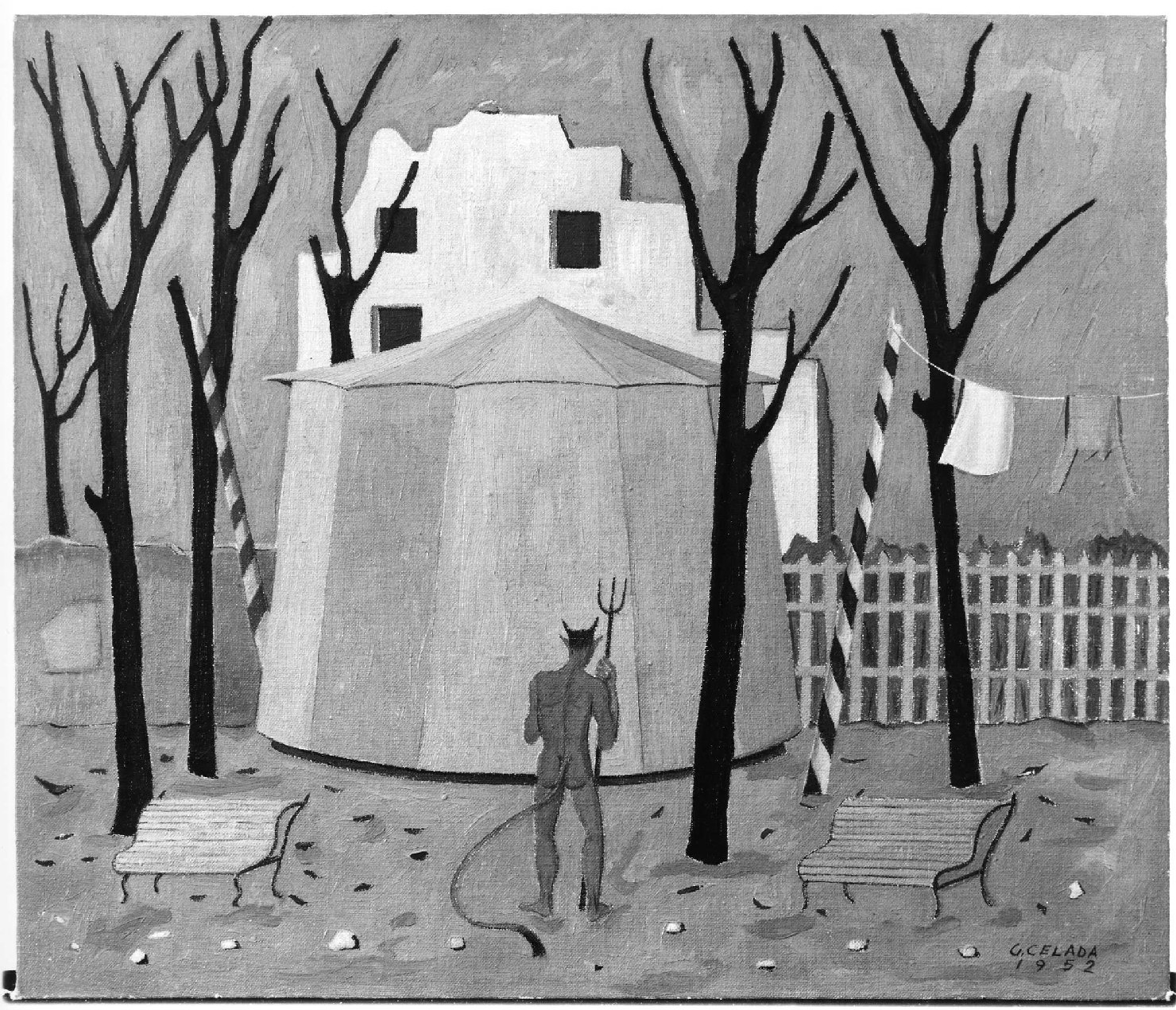 Piccola giostra, paesaggio con edificio (dipinto, opera isolata) di Celada Gastone (sec. XX)