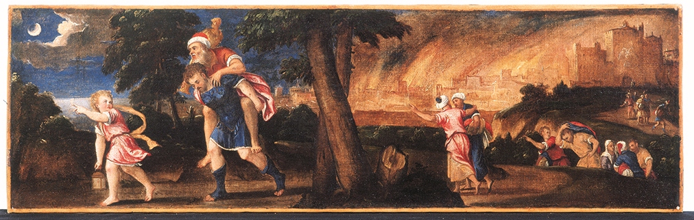 Fuga di Enea da Troia, Enea e Anchise fuggono da Troia in fiamme (dipinto, opera isolata) di De Pitati Bonifacio detto Bonifacio Veronese (attribuito) (secondo quarto XVI)