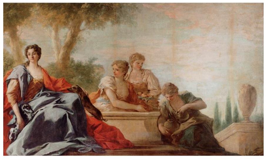 Ritratto di dama in un giardino e le ancelle al pozzo, figure femminili (dipinto, opera isolata) di Pellegrini Giovanni Antonio (primo quarto XVIII)