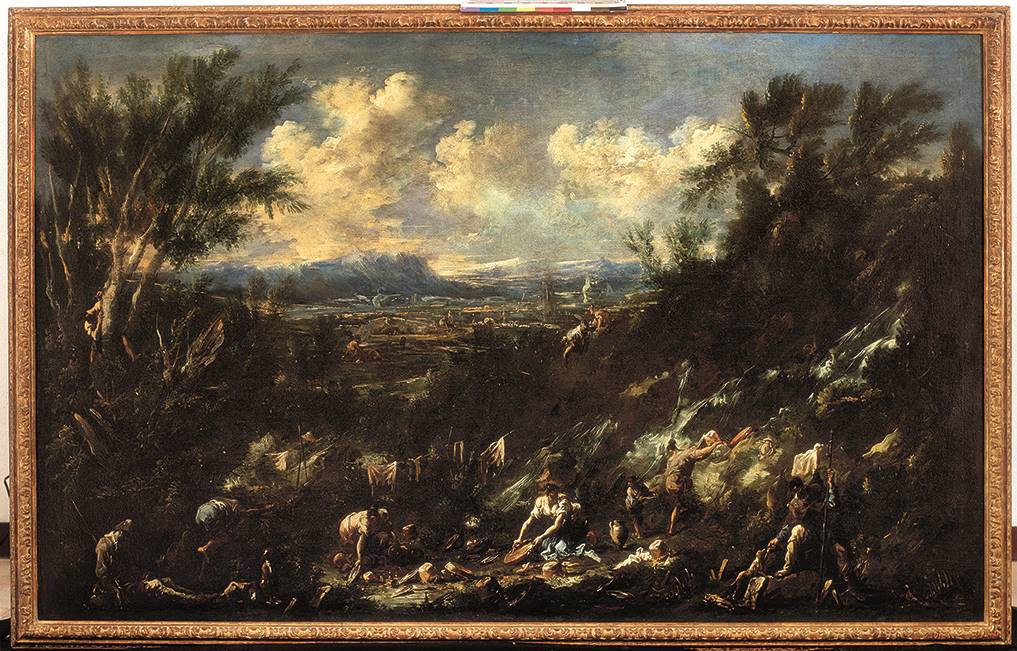 Paesaggio con pellegrino e lavandaie, paesaggio con cascata (dipinto, opera isolata) di Magnasco Alessandro, Peruzzini Anton Francesco (primo quarto XVIII)