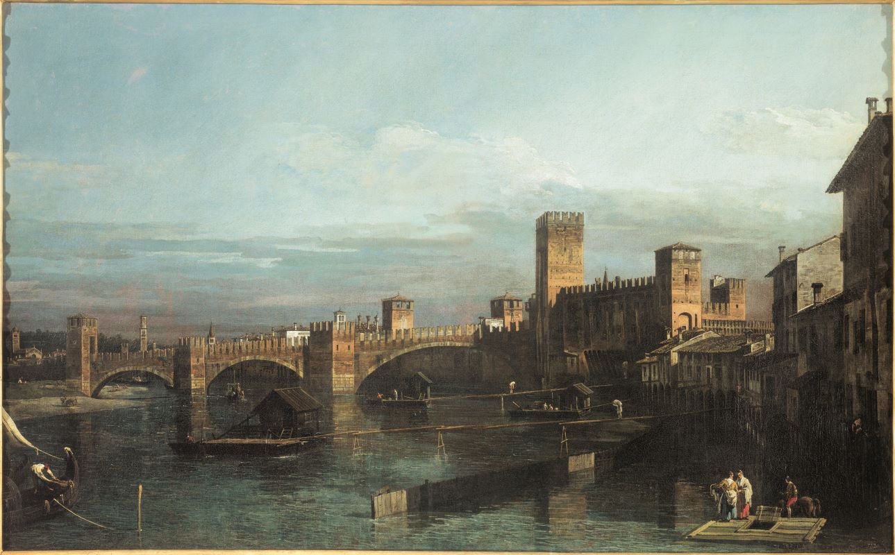 Veduta di Verona con Castelvecchio e il ponte Scaligero da monte, veduta di Verona (dipinto, opera isolata) di Bellotto Bernardo (XVIII)