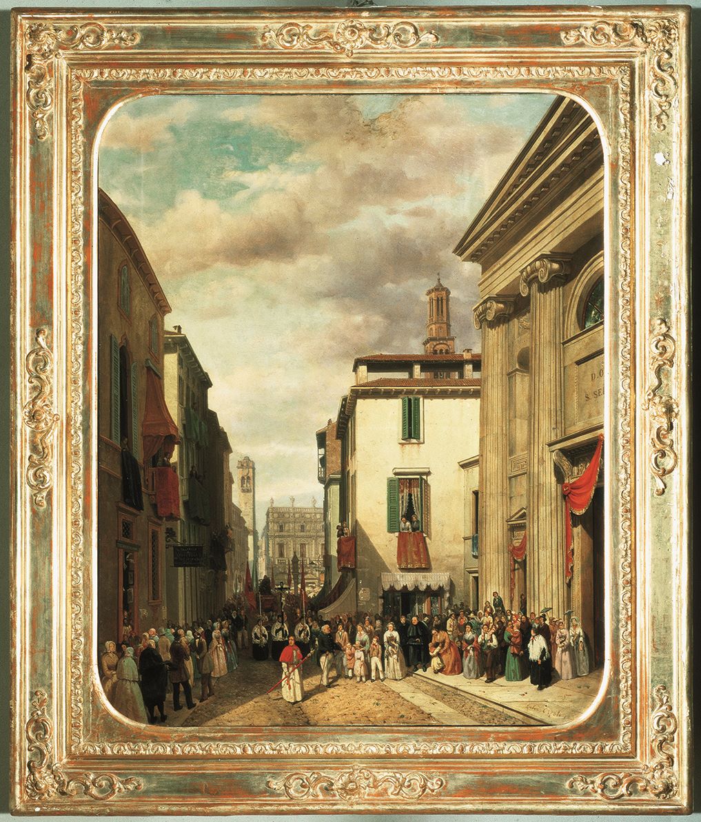 Via Cappello a San Sebastiano, veduta di Verona (dipinto, opera isolata) di Calvi Ercole (XIX)