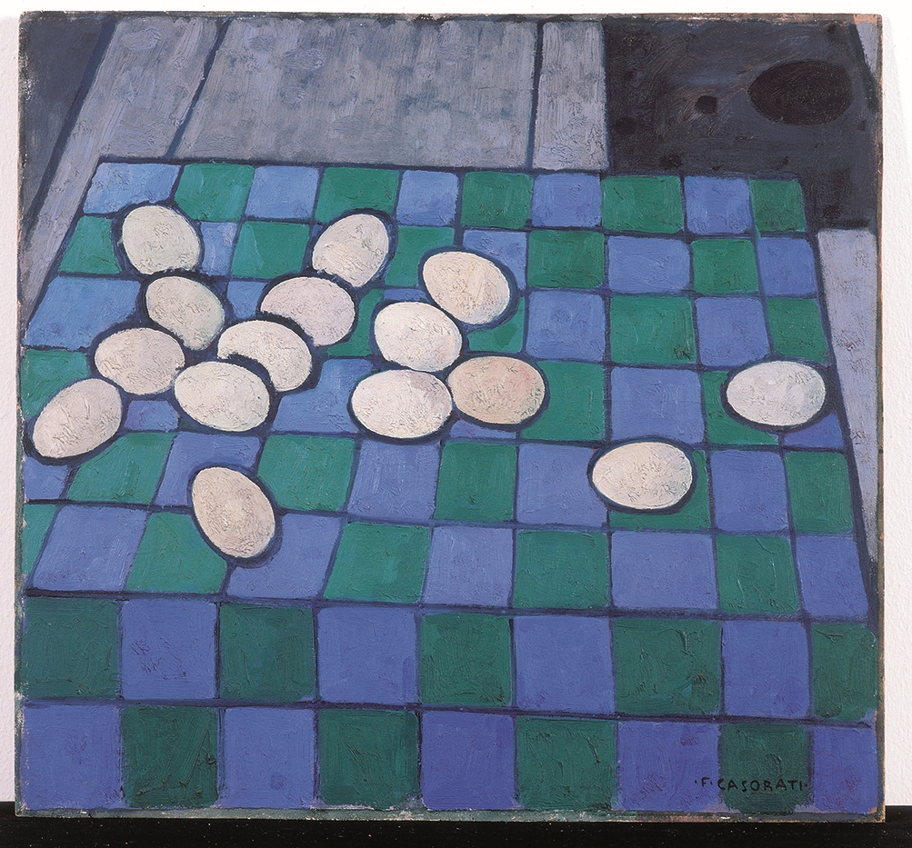 Uova sul tappeto oppure Uova sulla scacchiera, natura morta (dipinto, opera isolata) di Casorati Felice (XX)