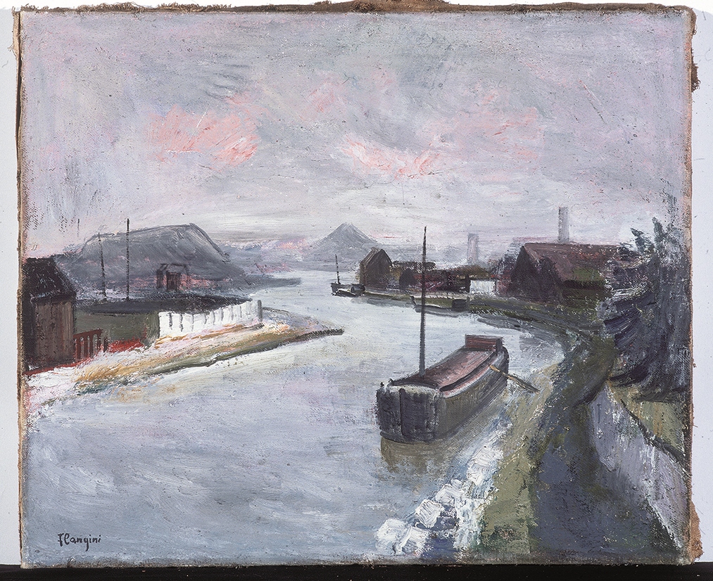 La Sambre à Marchienne, paesaggio fluviale (dipinto, opera isolata) di Flangini Giuseppe (XX)