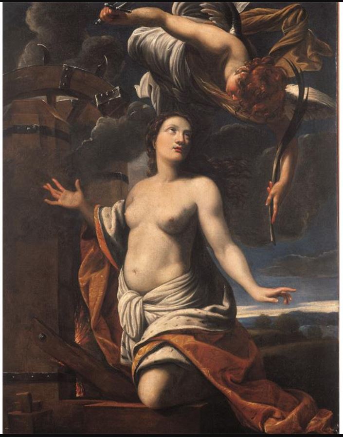 Santa Caterina martire con un angelo, Santa Caterina d'Alessandria con i simboli del martirio (dipinto, opera isolata) - ambito romano (secondo quarto XVII)