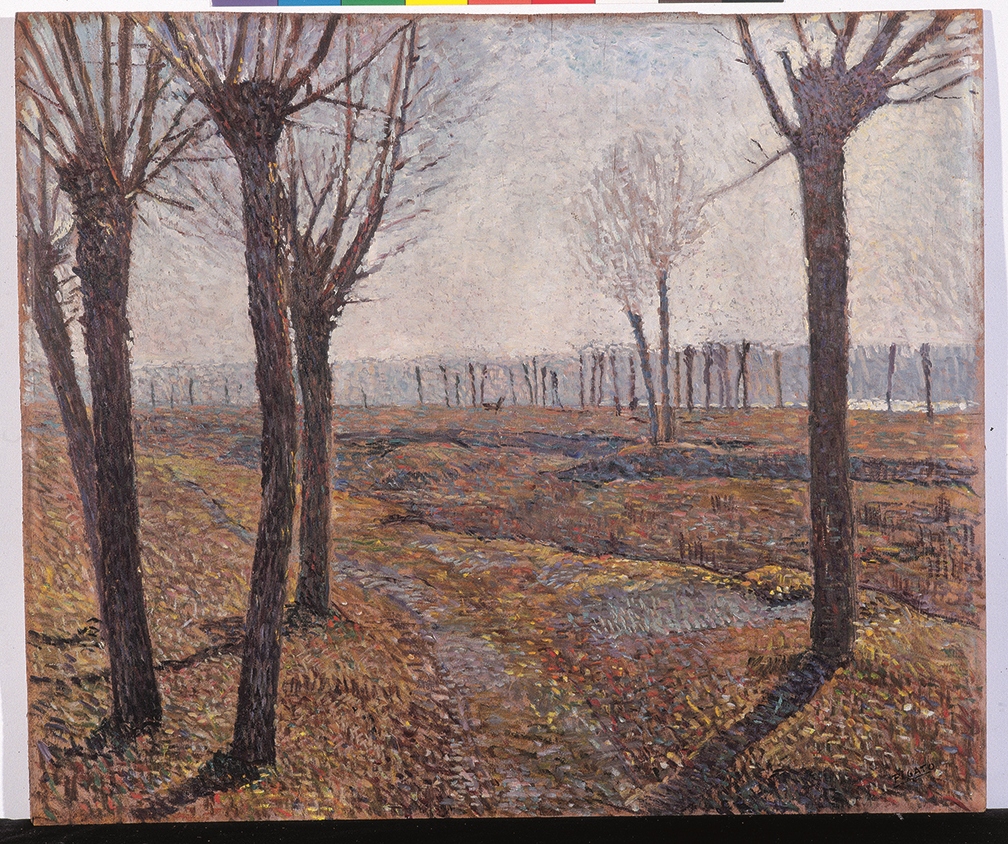 Sul greto del fiume, paesaggio con alberi (dipinto, opera isolata) di Pigato Orazio (XX)