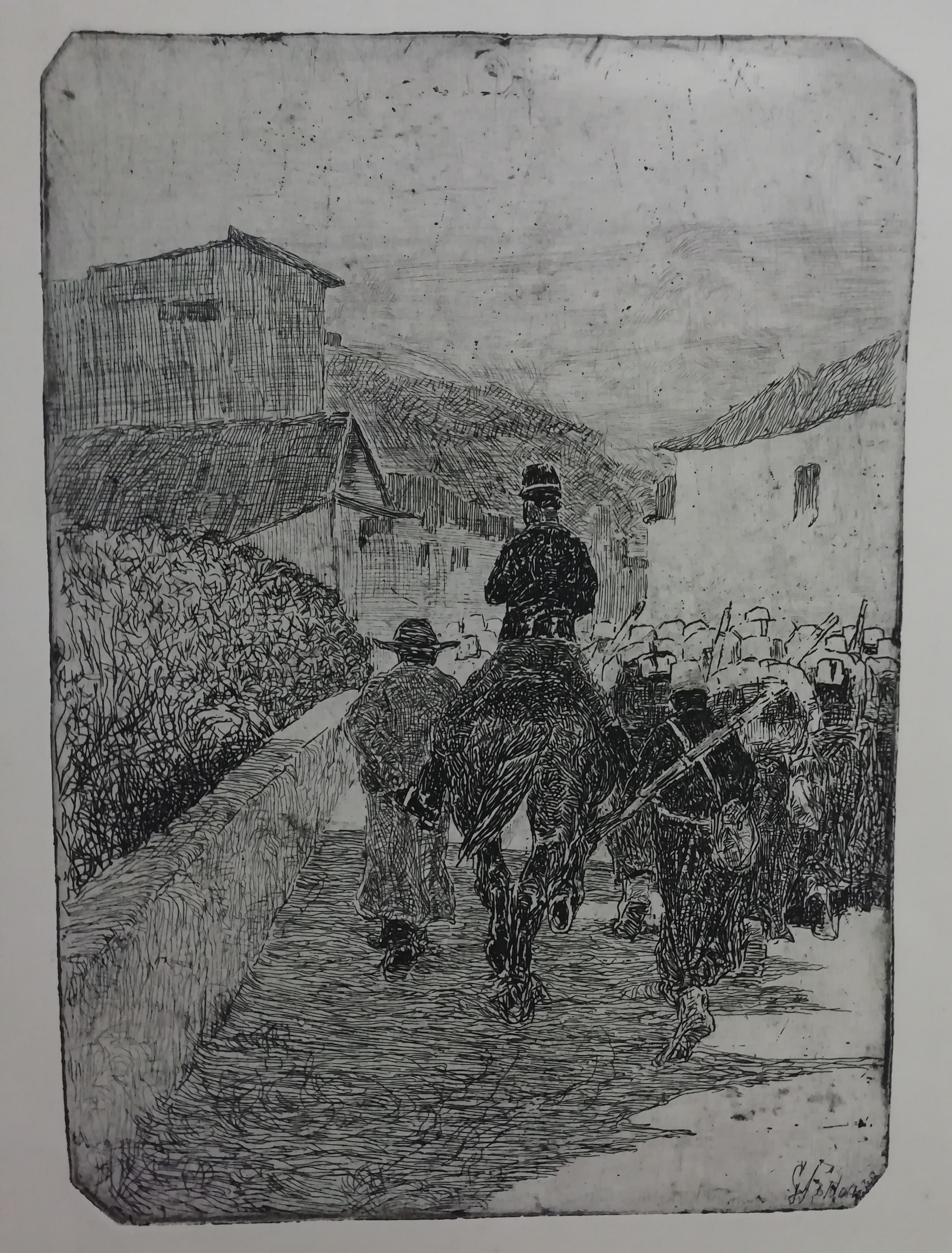 Passeggiata militare, Paesaggio con figure e animali (stampa) di Fattori Giovanni (attribuito) (XIX/XX)