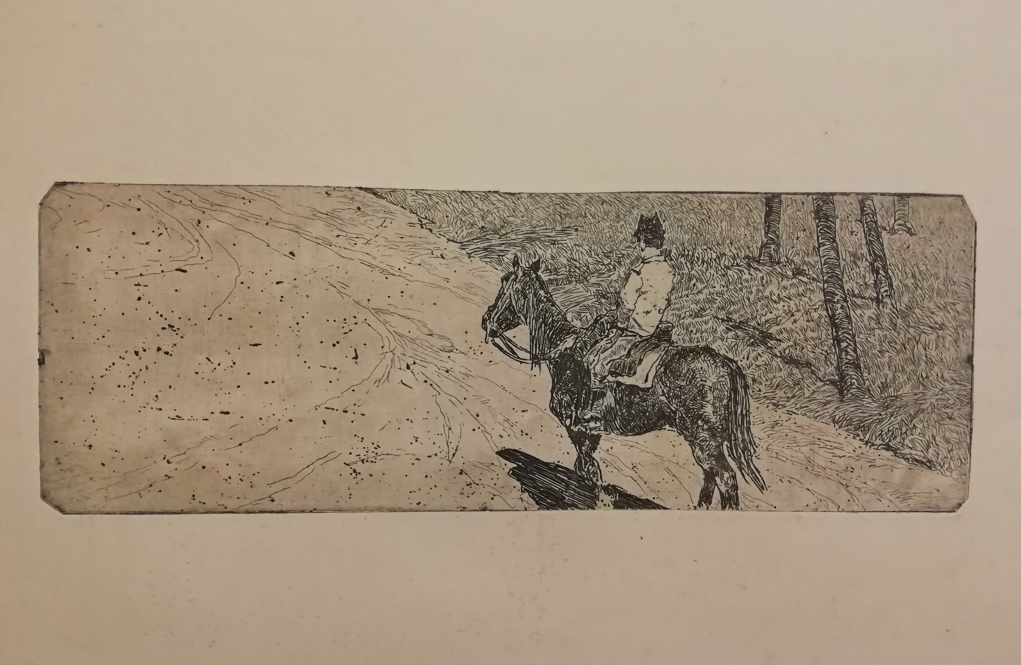 Soldato di cavalleria, paesaggio con figura a cavallo (stampa) di Fattori Giovanni (attribuito) (XIX/XX)