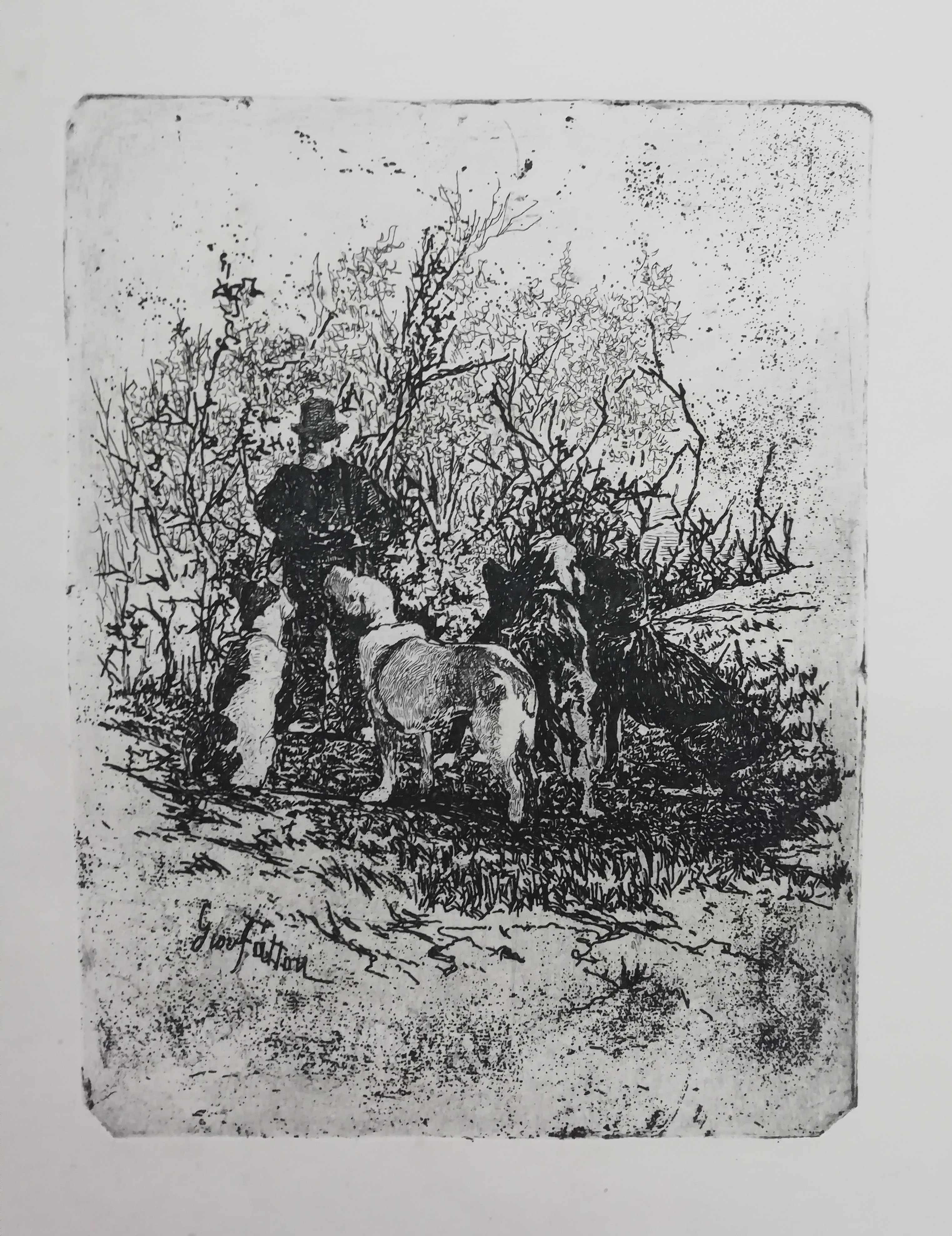 Diego Martelli e i suoi cani, ritratto di uomo e animali (stampa) di Fattori Giovanni (attribuito) (XIX/XX)