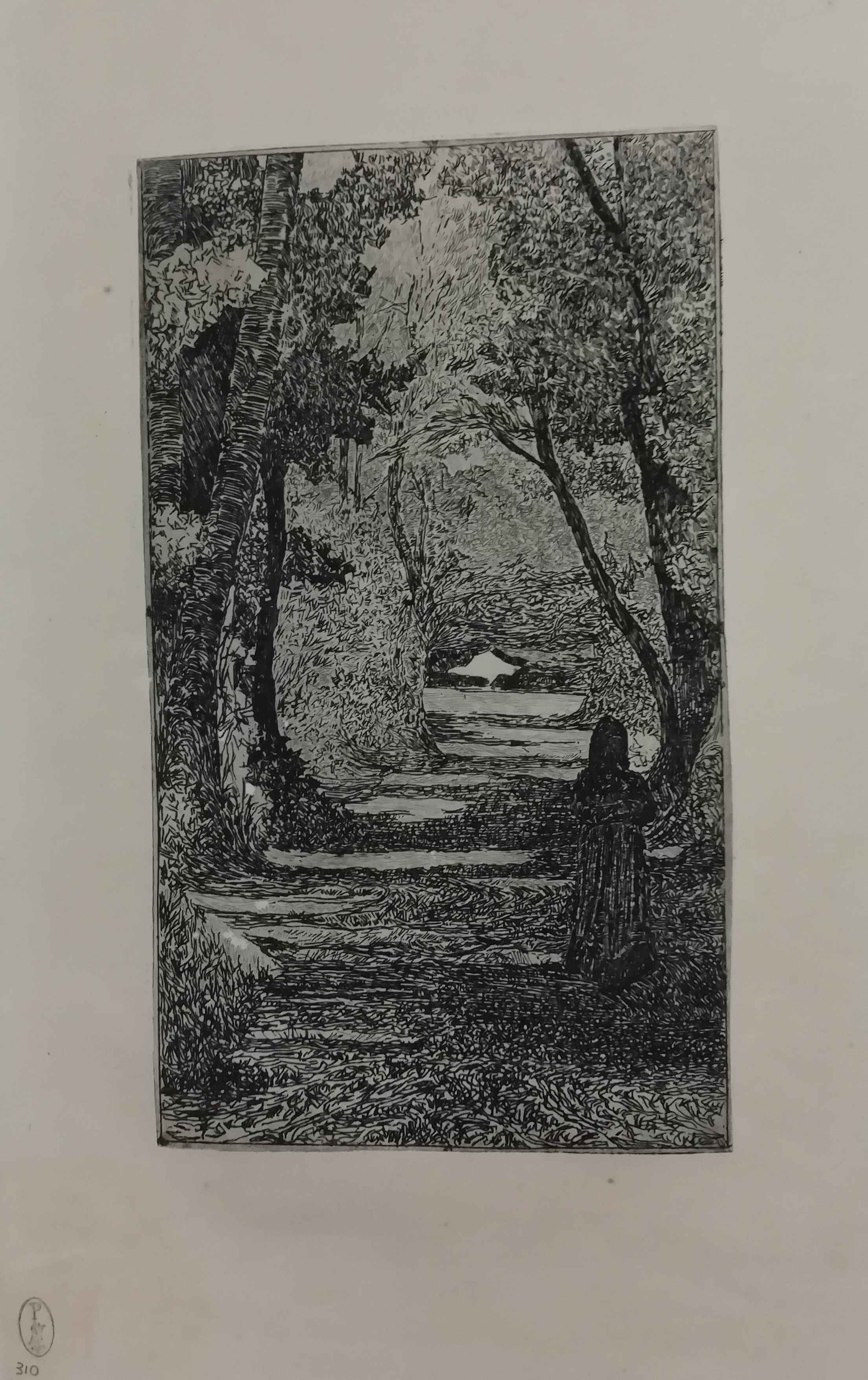 Sentiero nel bosco, paesaggio con figura (stampa) di Fattori Giovanni (attribuito) (XIX/XX)