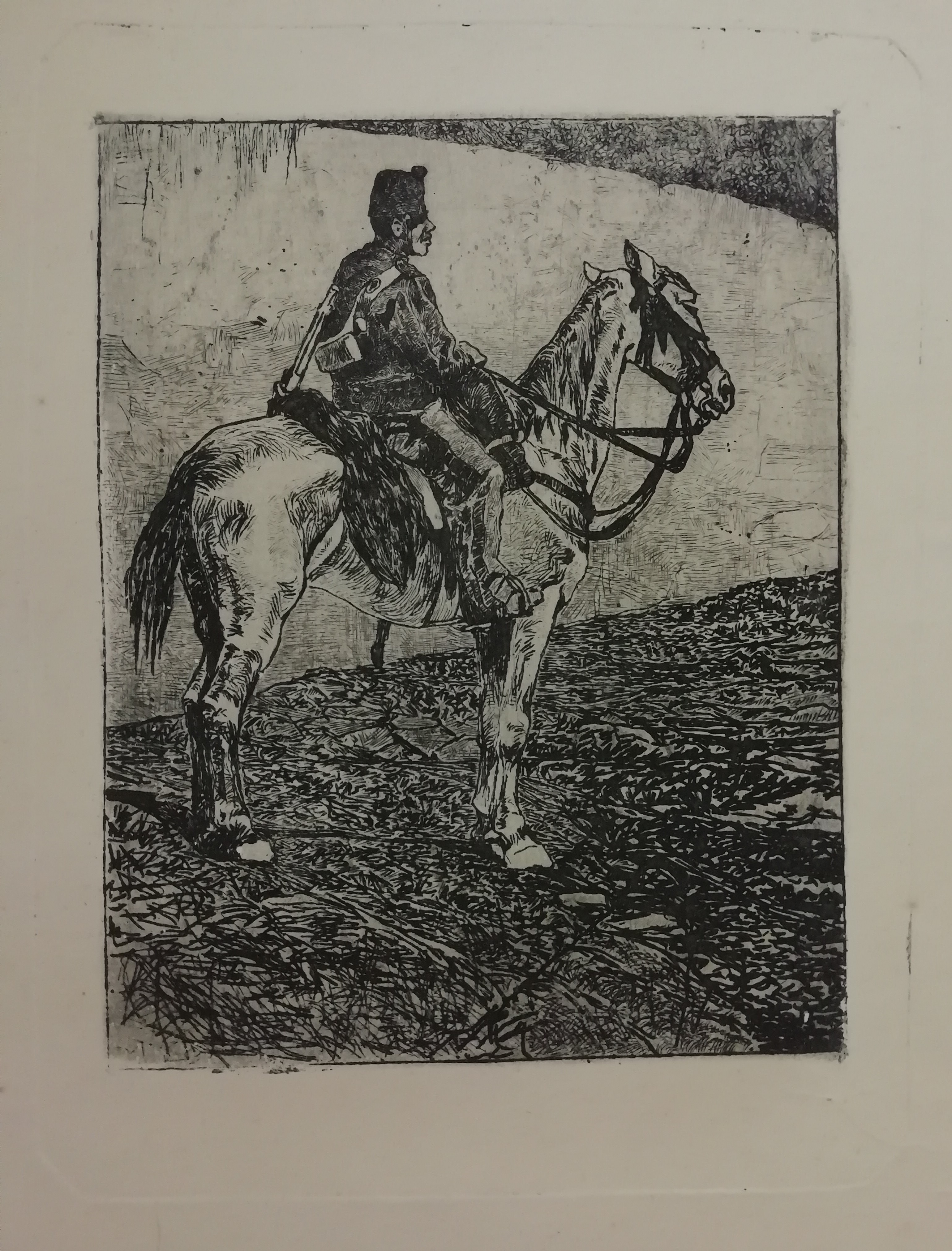 Artigliere a cavallo, Figura maschile a cavallo (stampa) di Fattori Giovanni (attribuito) (XIX/XX)