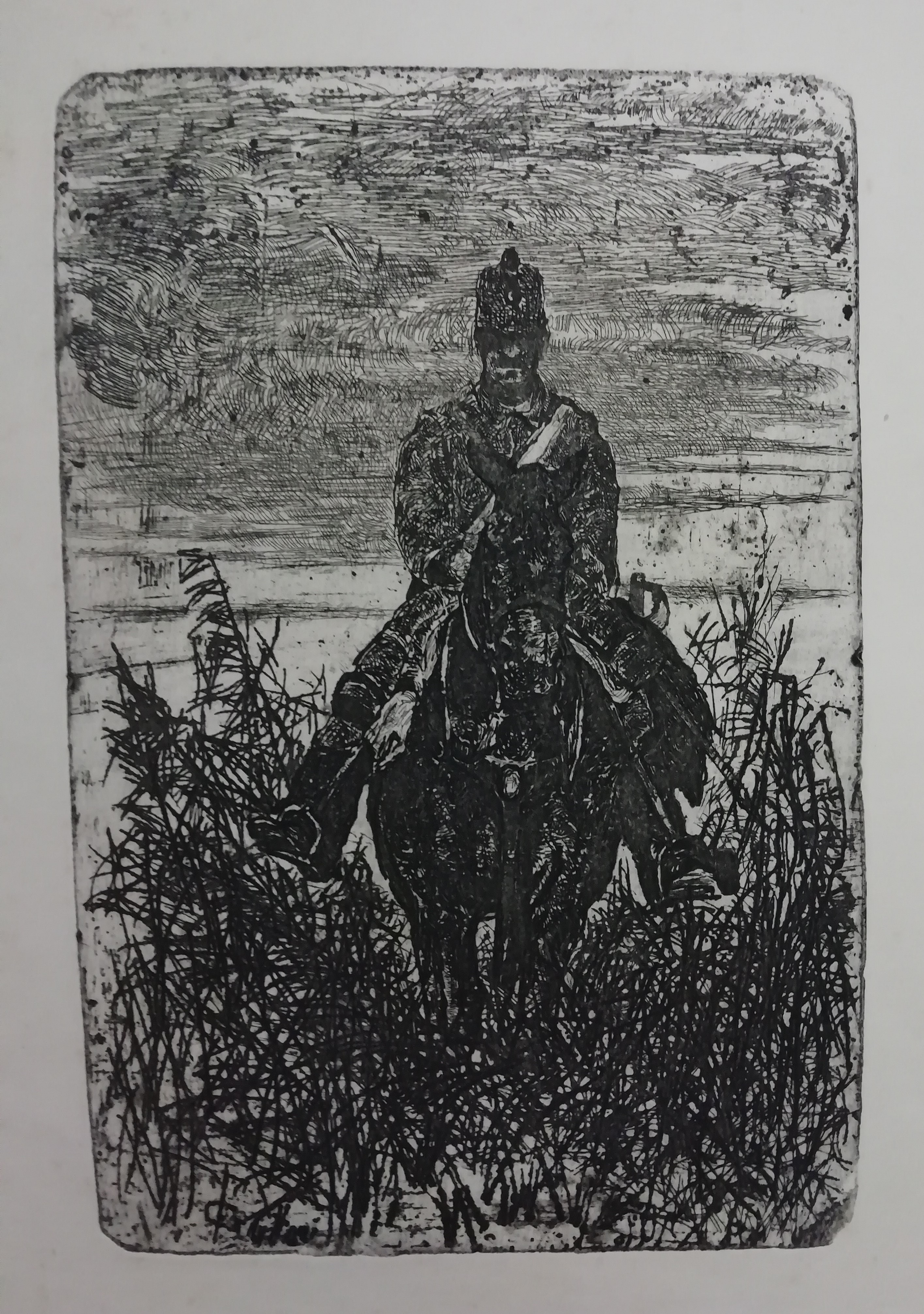 Esplorazione, Figura maschile a cavallo (stampa) di Fattori Giovanni (attribuito) (XIX/XX)