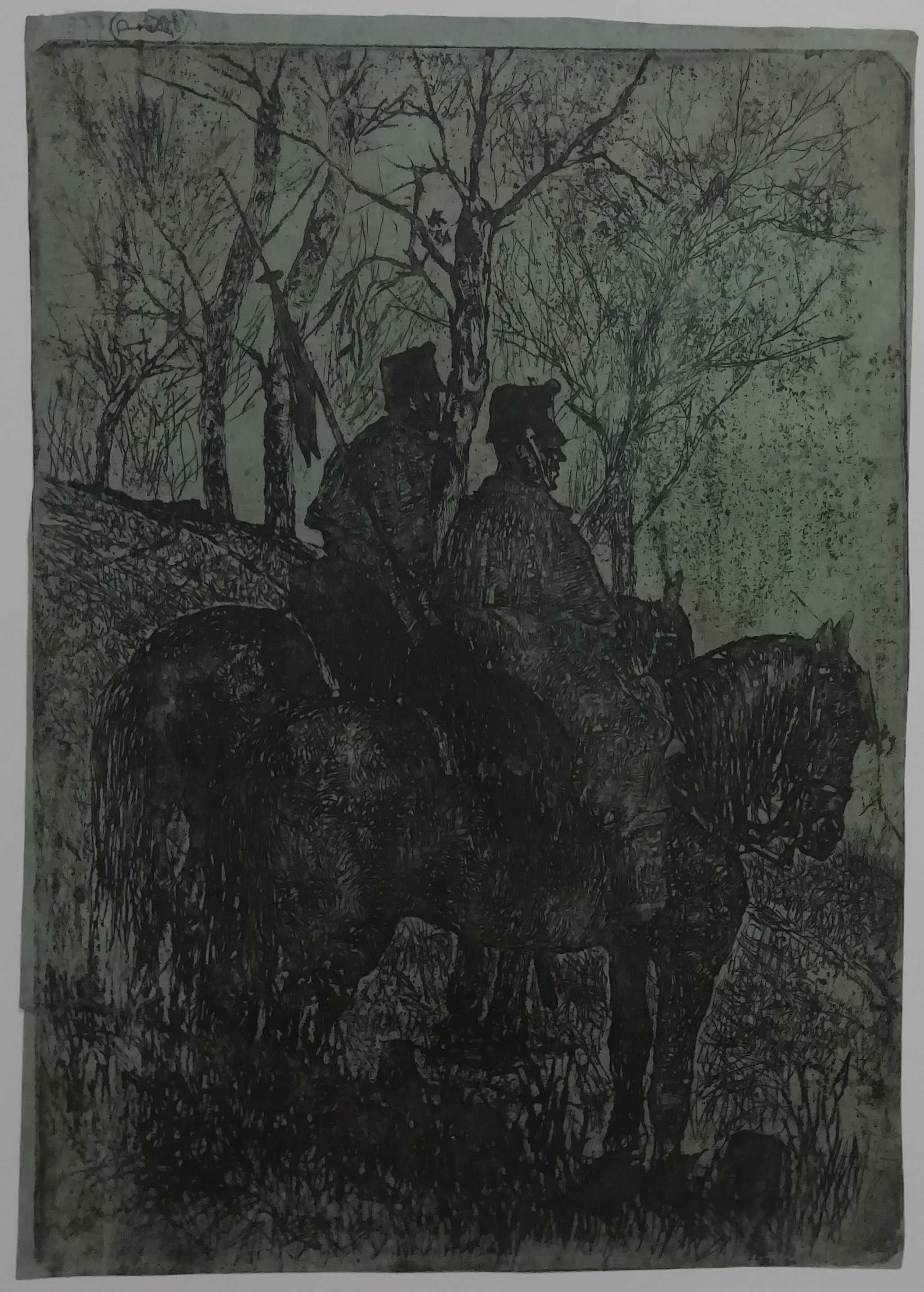 Vedetta di cavalleria, figure maschili a cavallo (stampa) di Fattori Giovanni (attribuito) (XIX/XX)