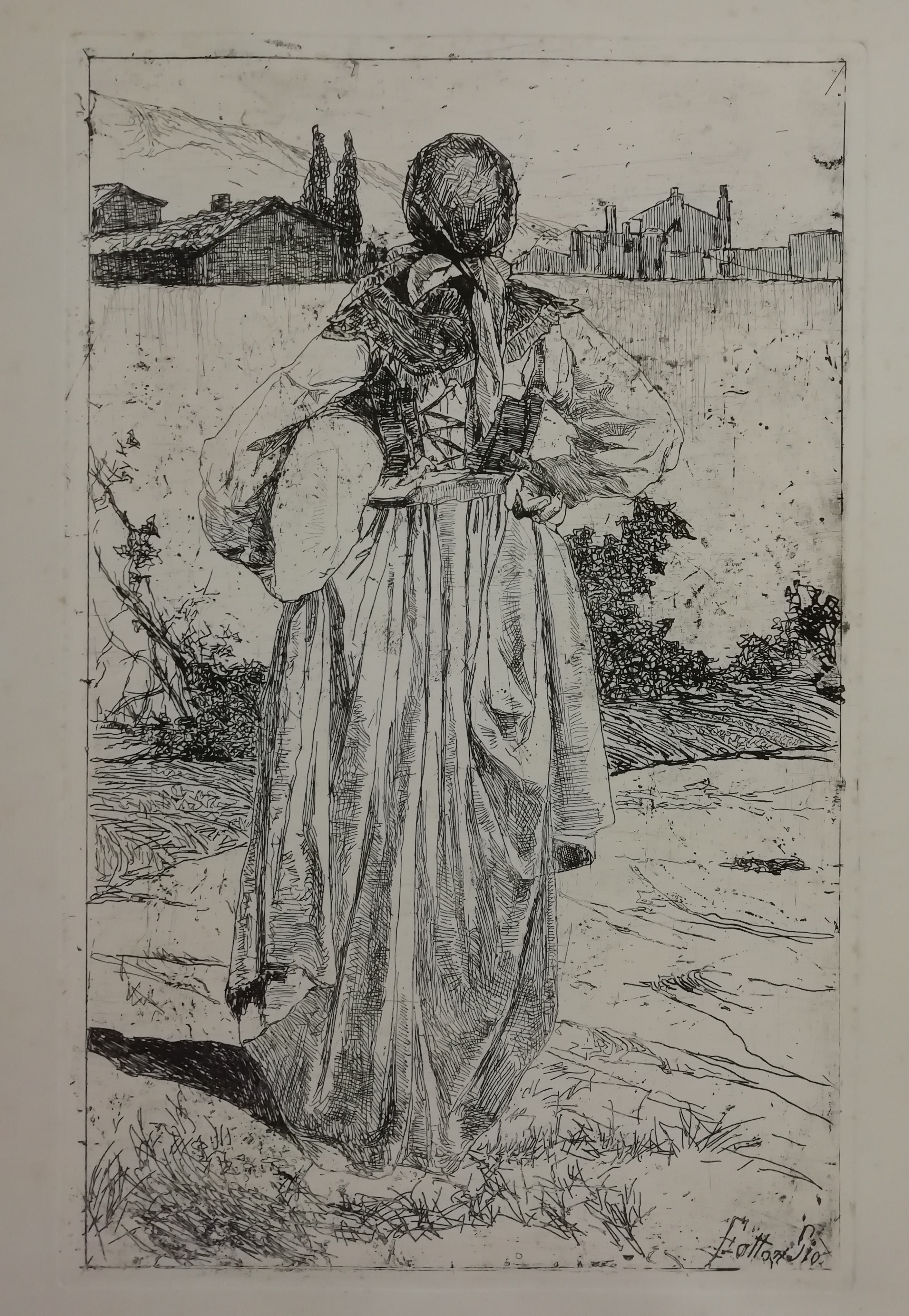 Donna del Gabbro, paesaggio con figura femminile (stampa) di Fattori Giovanni (attribuito) (XX)