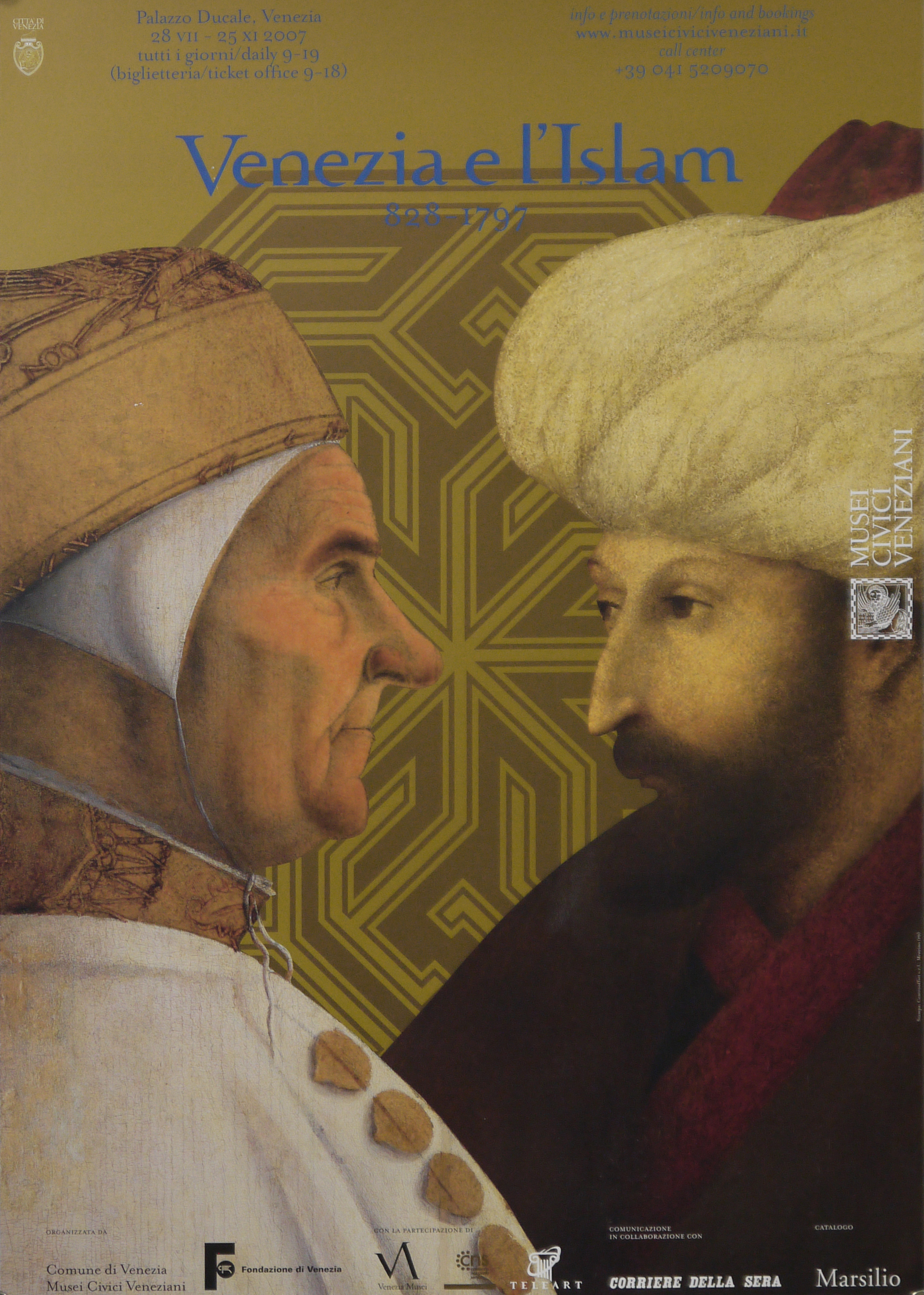 Sultano Maometto II, doge Giovanni Mocenigo, ritratti dei volti di profilo affrontati, ritagli dei dipinti di Gentile Bellini (locandina) - ambito veneto (inizio XXI)