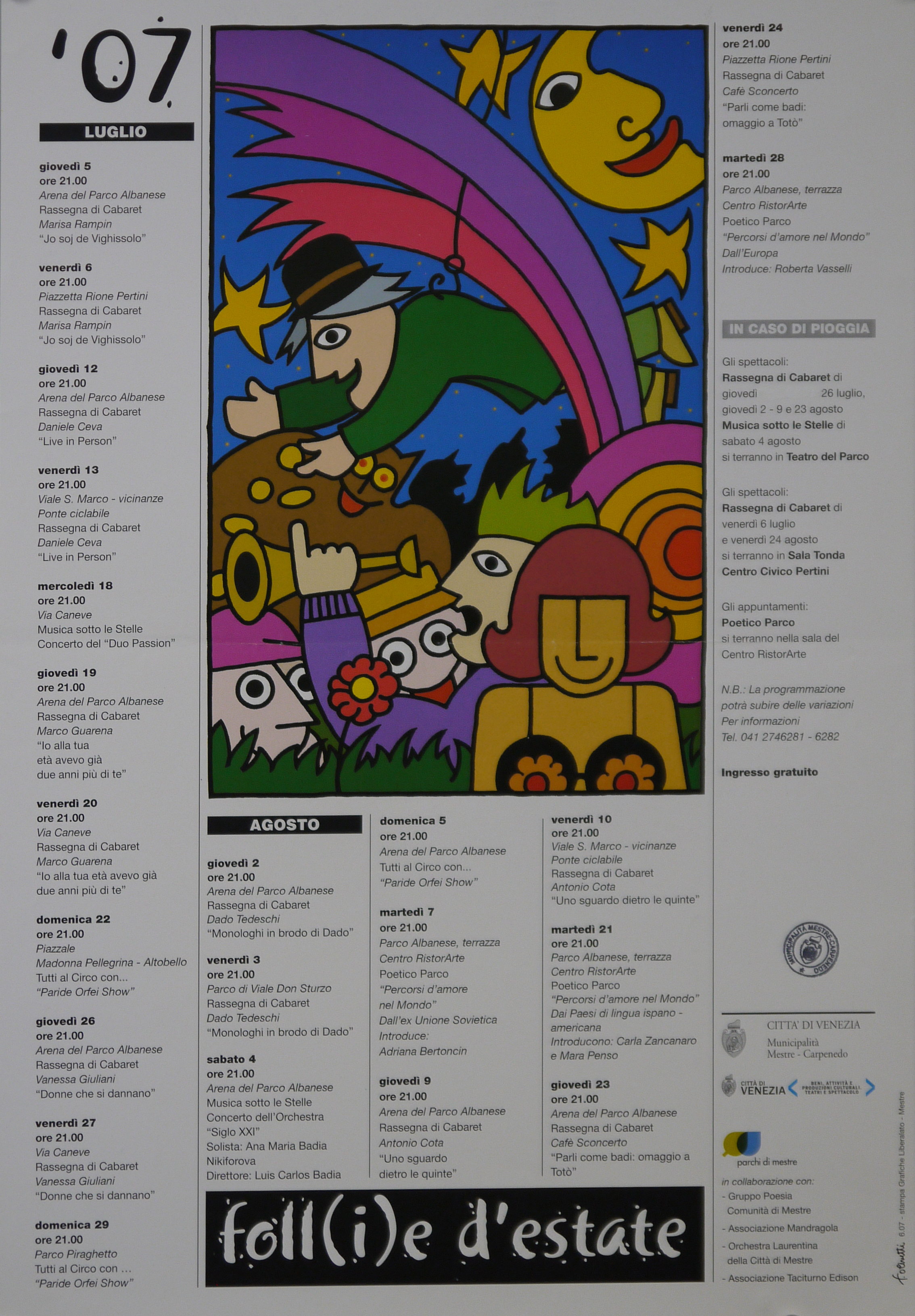 illustrazione con luna, prato, fiori e figure maschili con strumenti musicali e figura femminile (locandina) di Olivetti Fabrizio (inizio XXI)