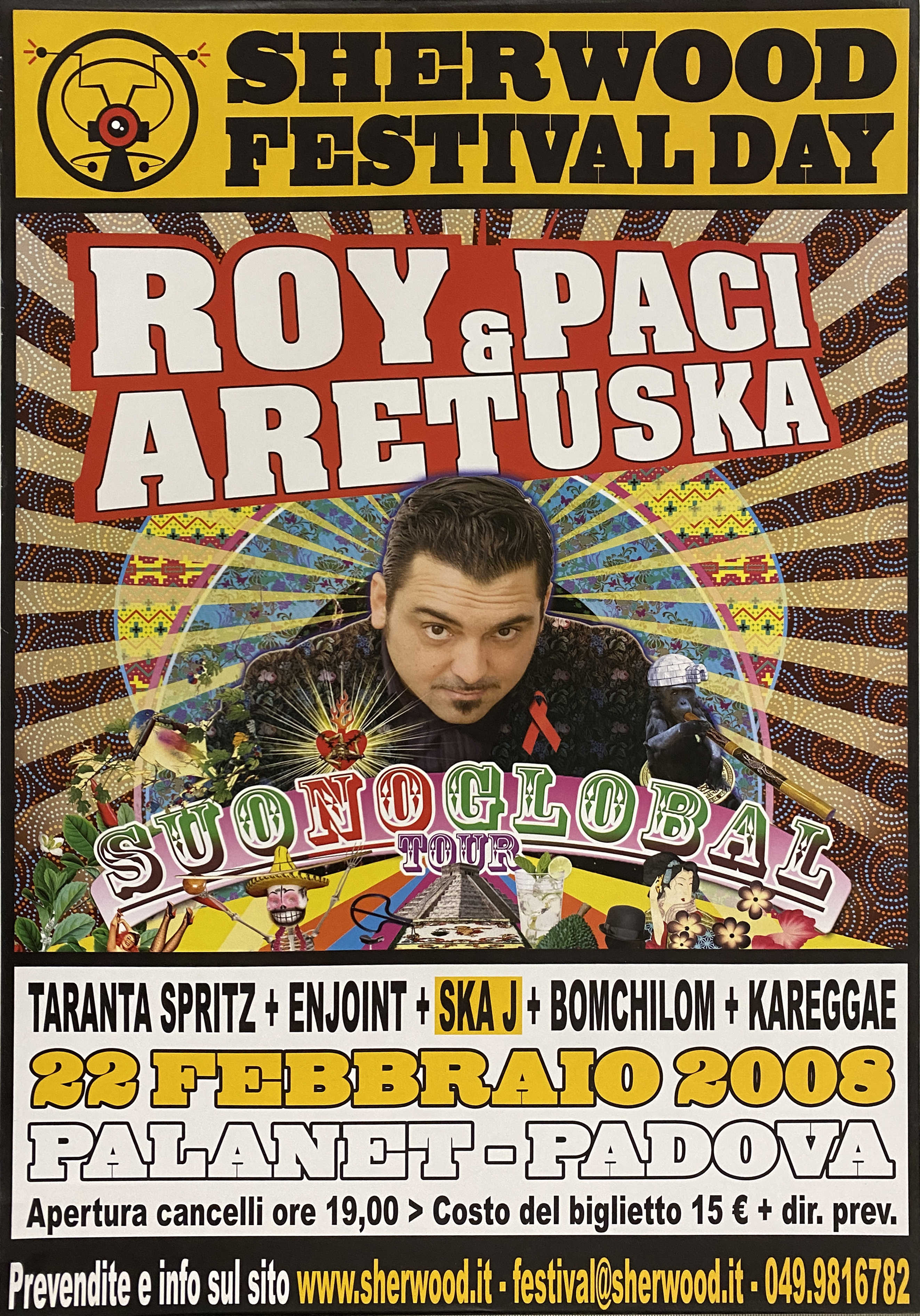 ritratto fotografico del trombettista, cantante e compositore Rosario Paci, Roy Paci, e grafica con motivo geometrico astratto, Piramide di Kukulkan, cocktail, donna in abiti orientali, uomo con cappello peruviano, fiori, foglie, animali (locandina) - ambito veneto (inizio XXI)