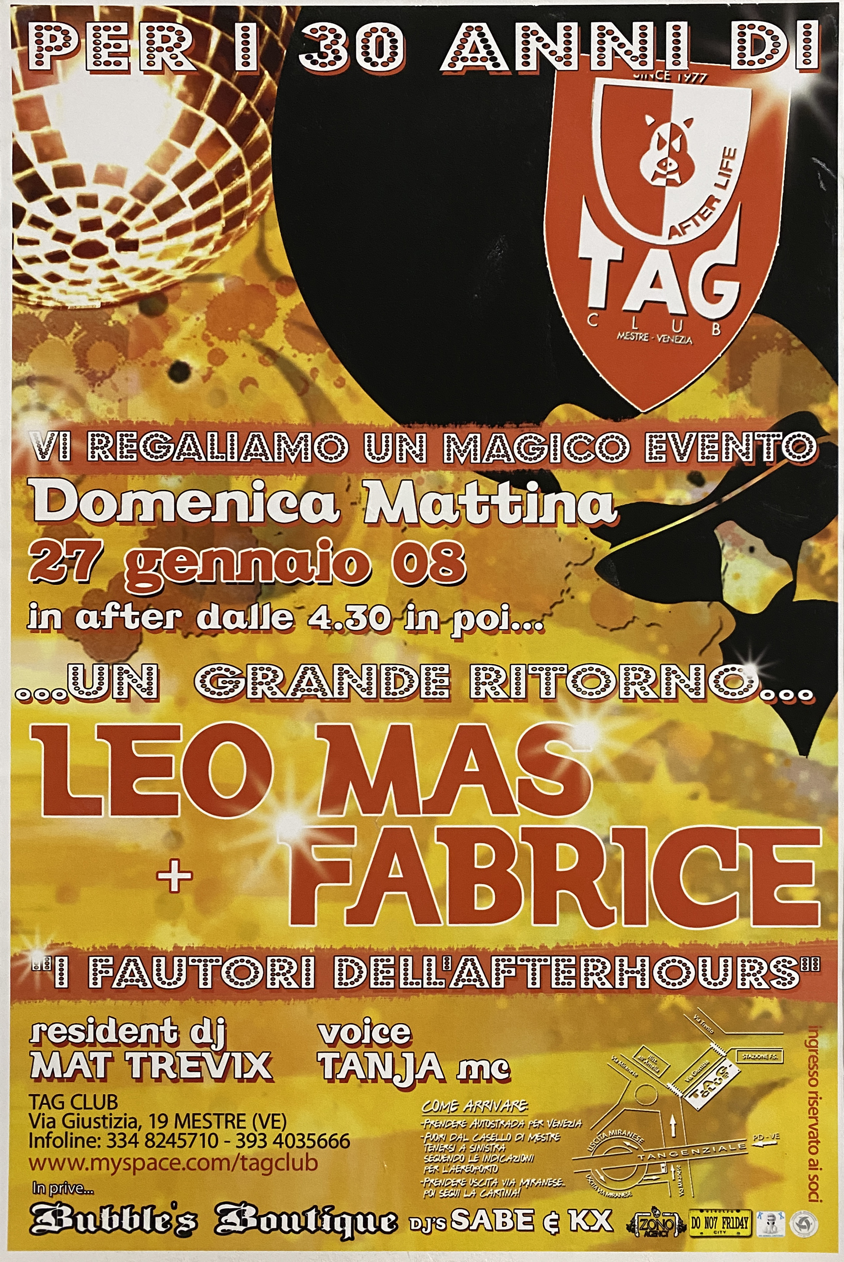 grafica con motivo astratto e lampadario da discoteca a sfera con specchi (locandina) - ambito veneto (inizio XXI)