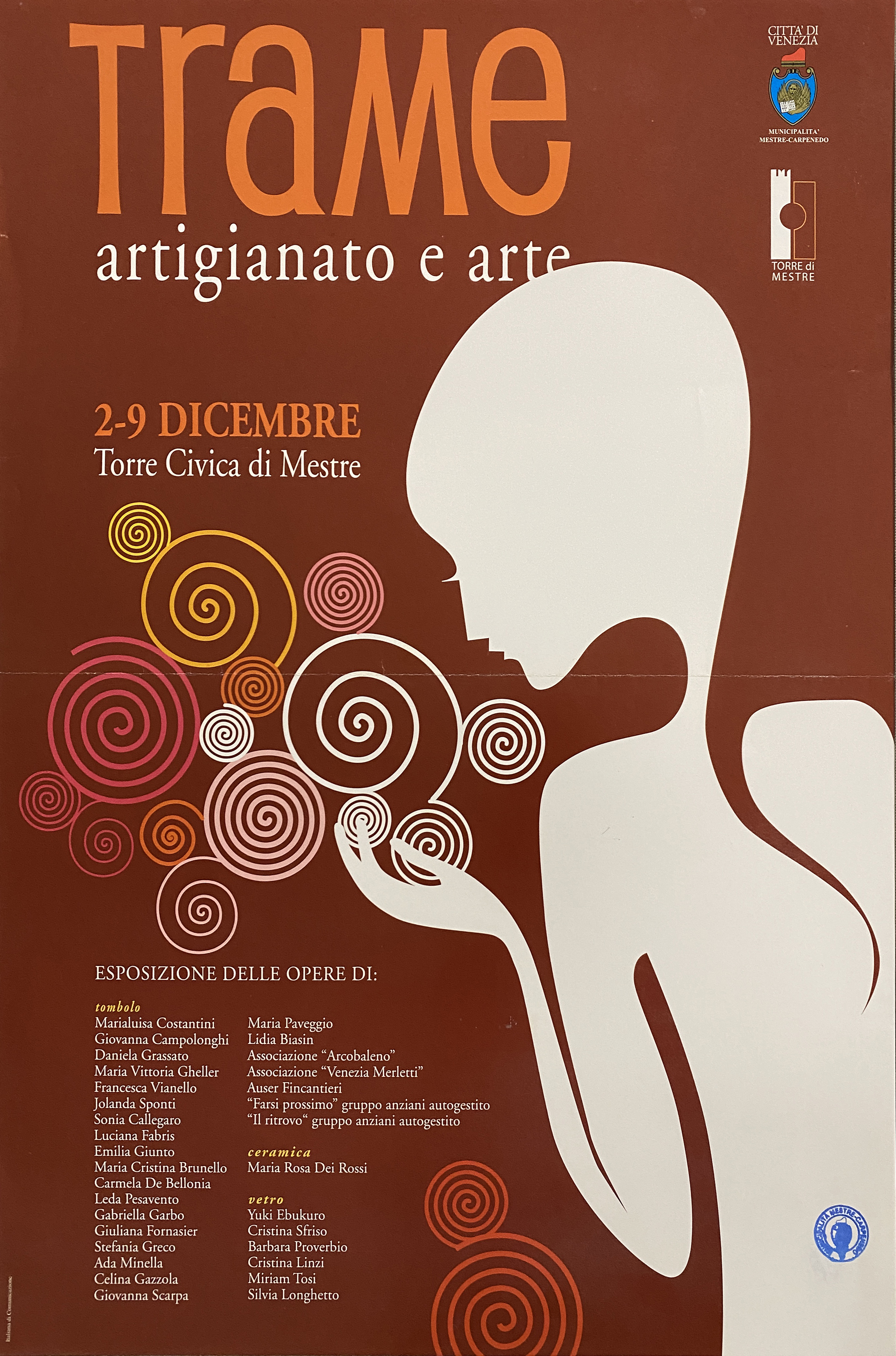 grafica con silhouette di figura femminile e motivi geometrici a spirale (locandina) - ambito veneto (inizio XXI)