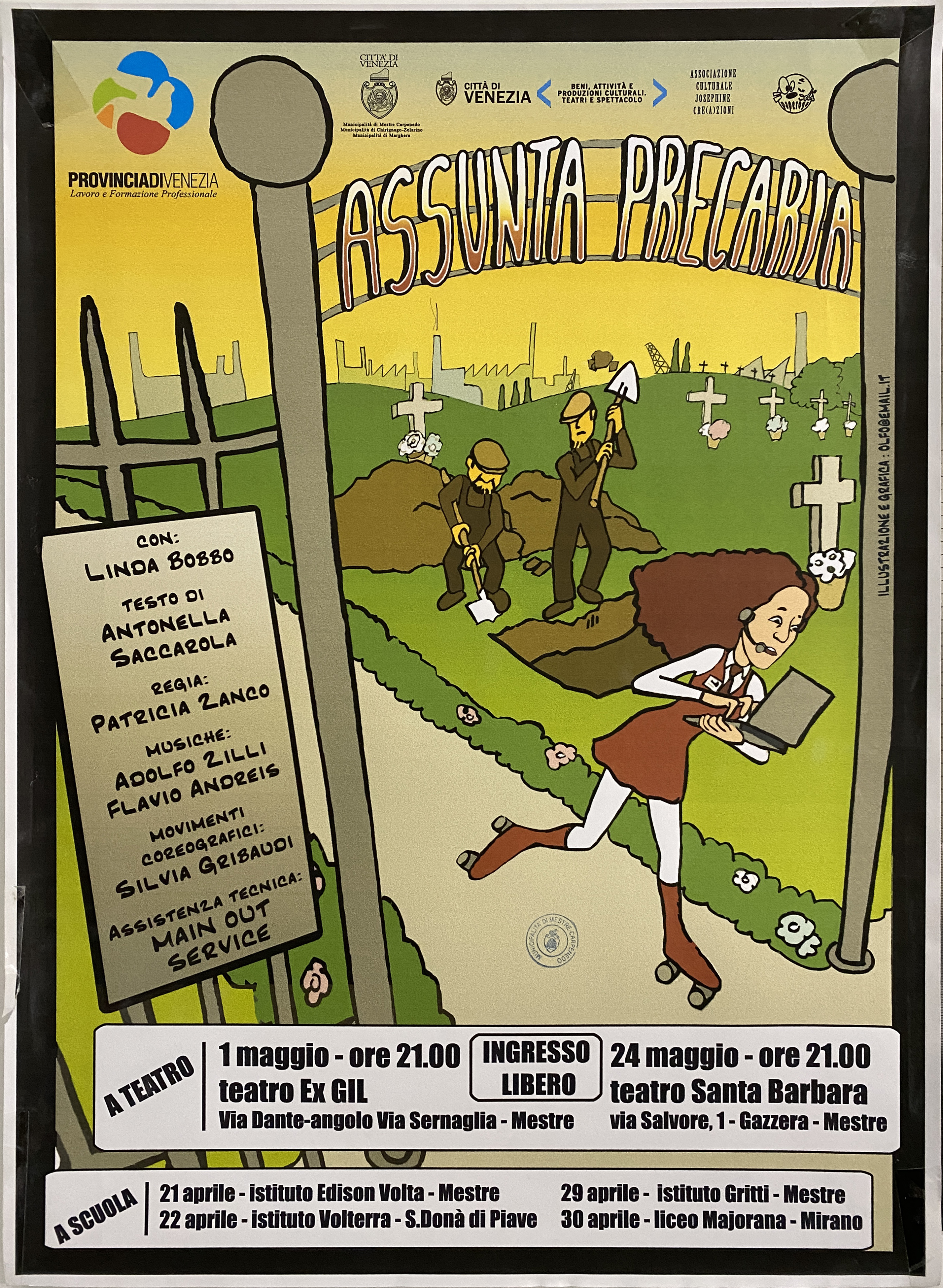 illustrazione raffigurante sullo sfondo una città, in primo piano un cimitero con uomini che con le zappe scavano una sepoltura e donna che pattina mentre parla al microfono e digita al computer (locandina) di Olfo (inizio XXI)