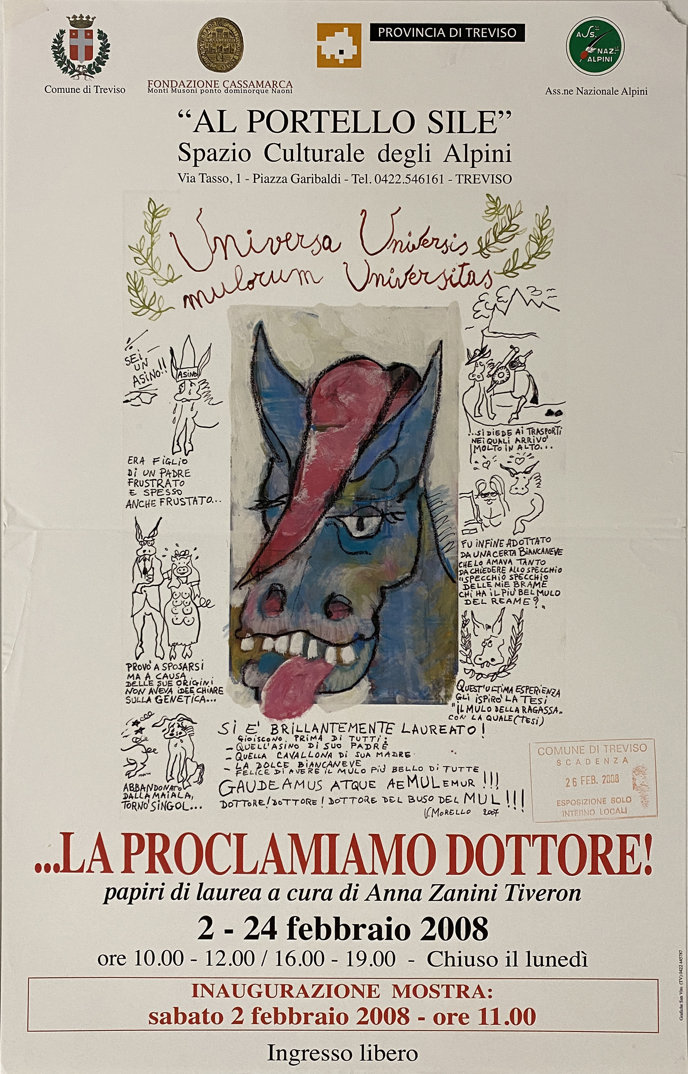 riproduzione di un papiro di laurea con testi manoscritti e al centro disegno di testa d'asino (locandina) - ambito veneto (inizio XXI)