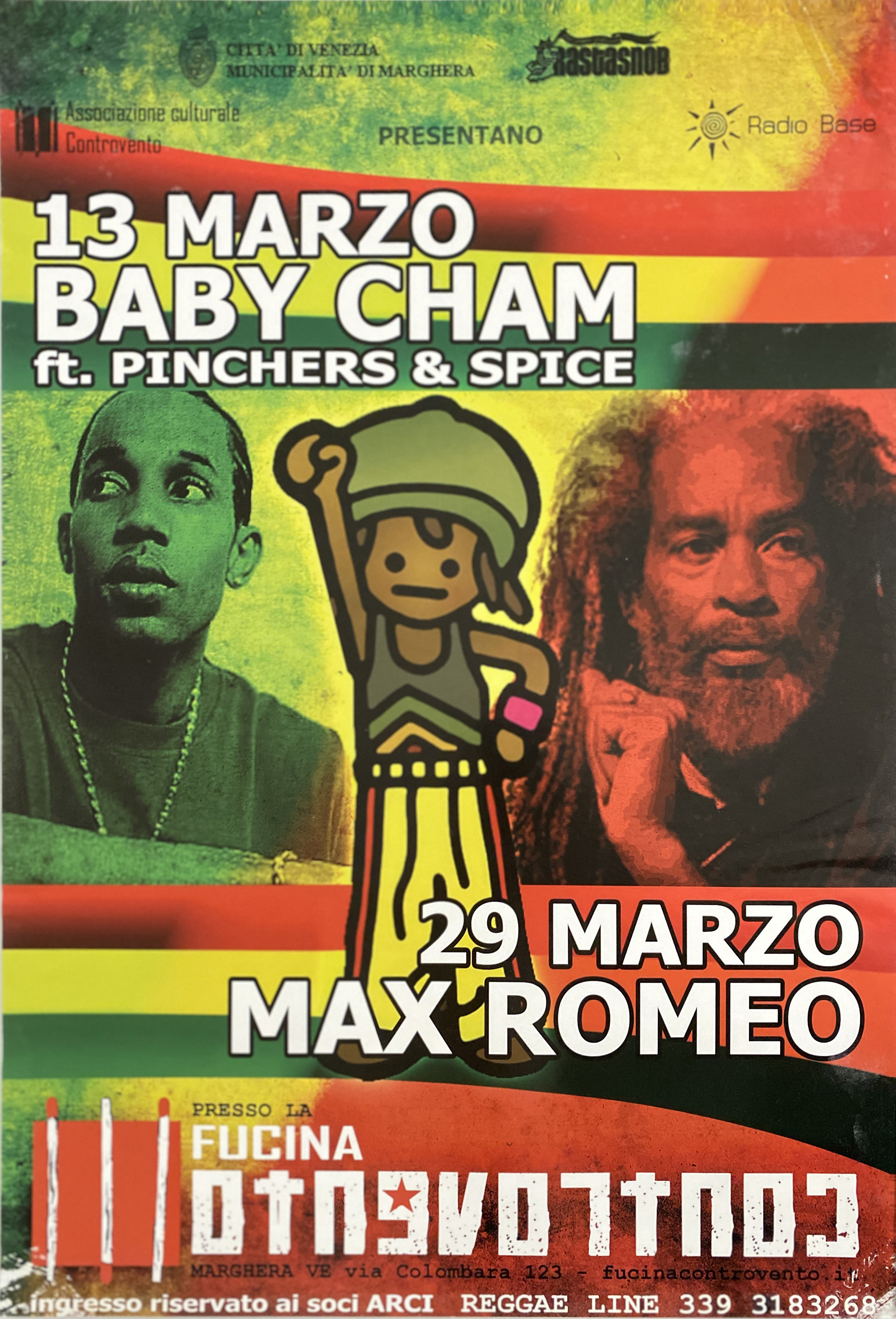 ritratti fotografici di Damian Beckett in arte Baby Cham e Maxwell Livingston Smith in arte Max Romeo; al centro bimbo in abiti giamaicani con braccio destro alzato e pugno chiuso (locandina) - ambito veneto (inizio XXI)