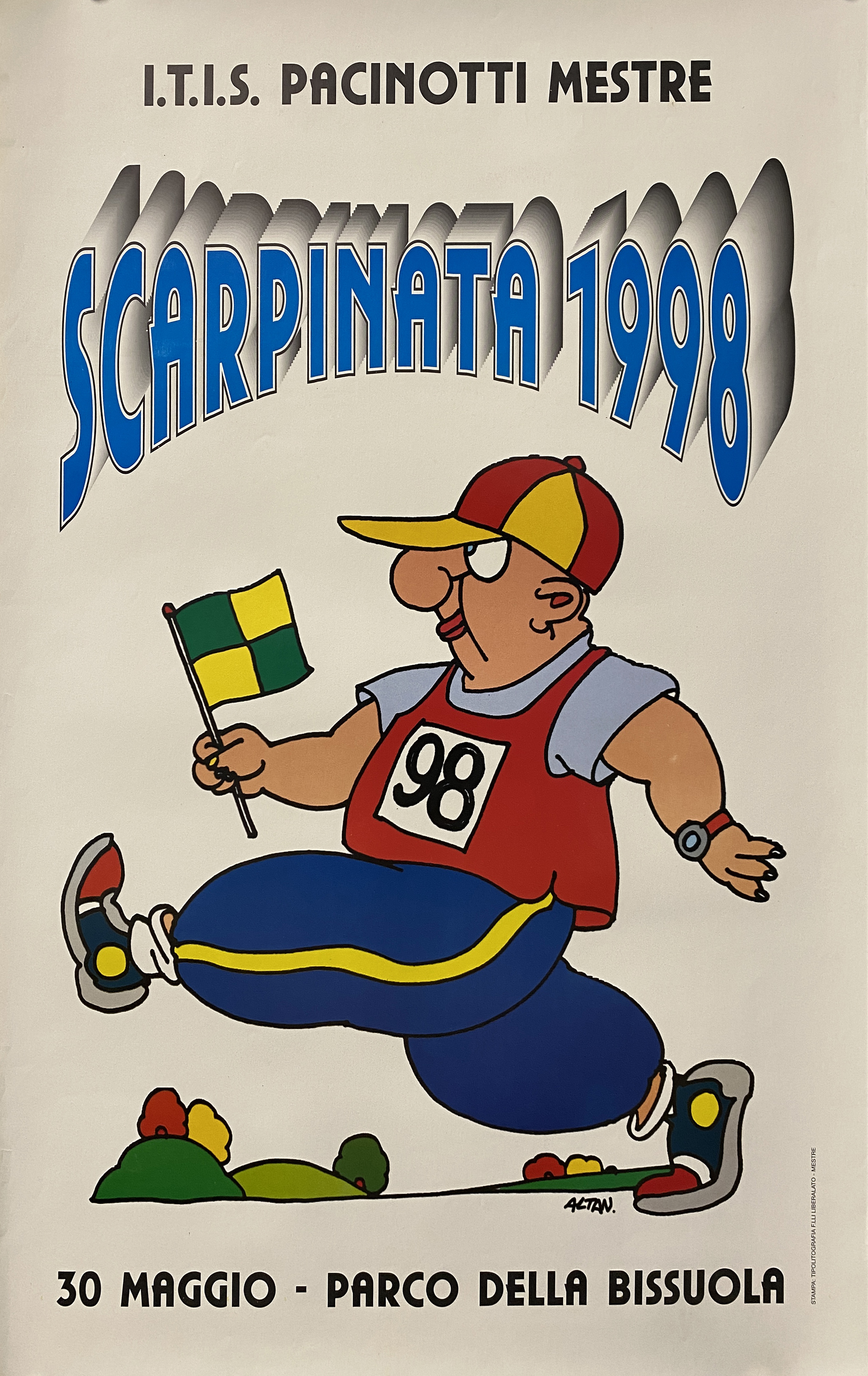 uomo che corre con bandierina in un parco (locandina) di Altan Francesco Tullio (fine XX)