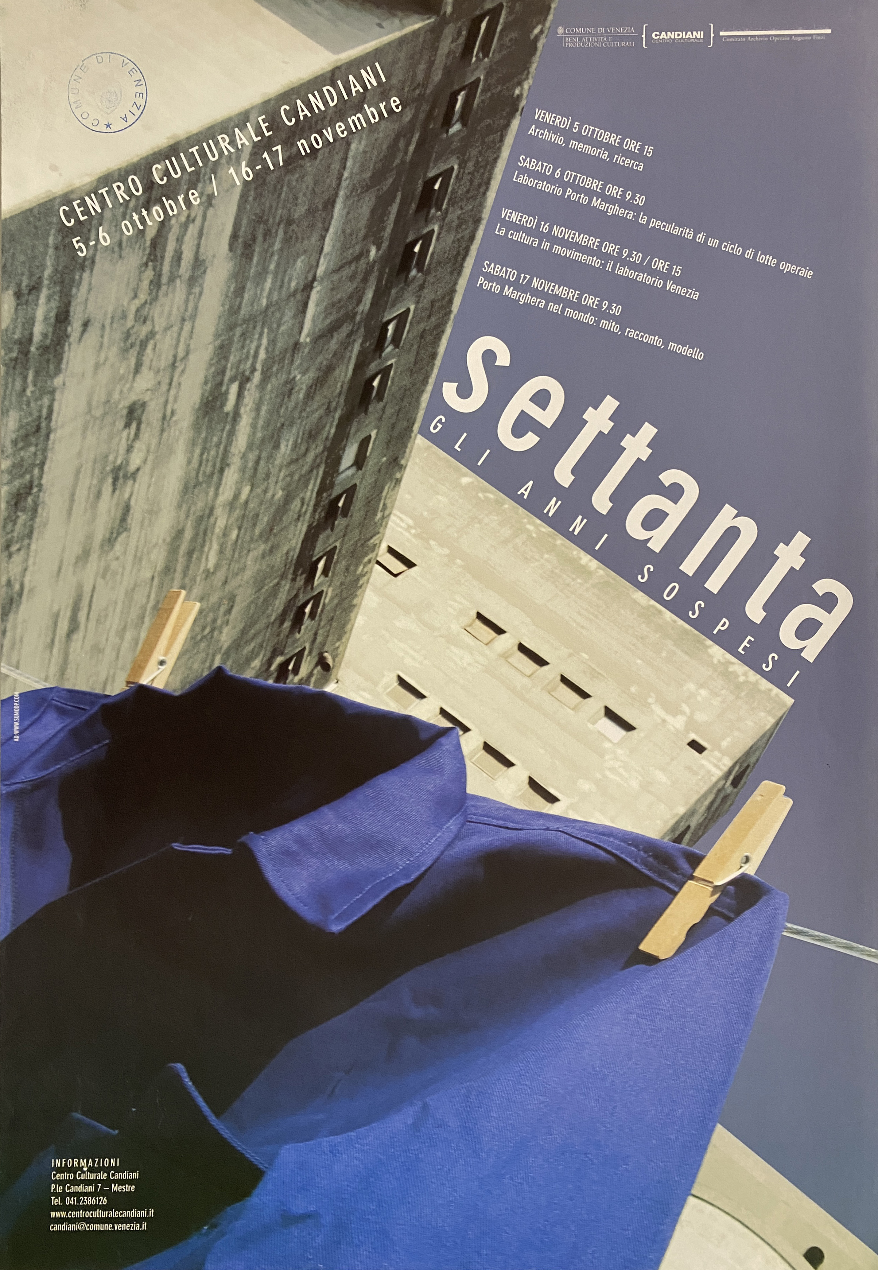 riproduzione di una fotografia con una camicia appesa ad un filo con mollette e sullo sfondo edifici in calcestruzzo armato (locandina) - ambito veneto (inizio XXI)