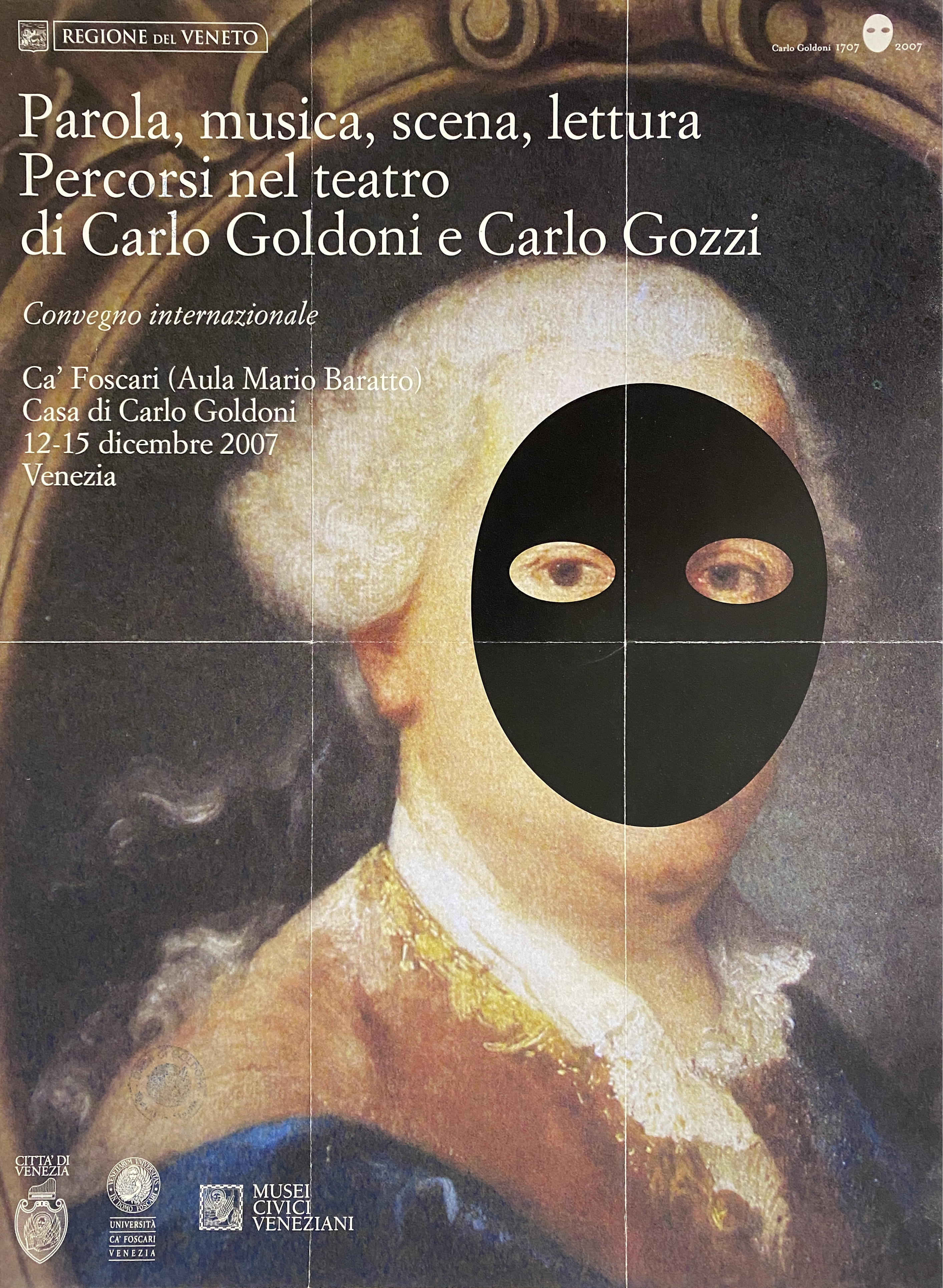 elaborazione grafica del Ritratto di Carlo Goldoni (eseguito da Pietro Longhi, Venezia, Cà Rezzonico) con il volto coperto da una maschera nera (locandina) - ambito veneto (inizio XXI)
