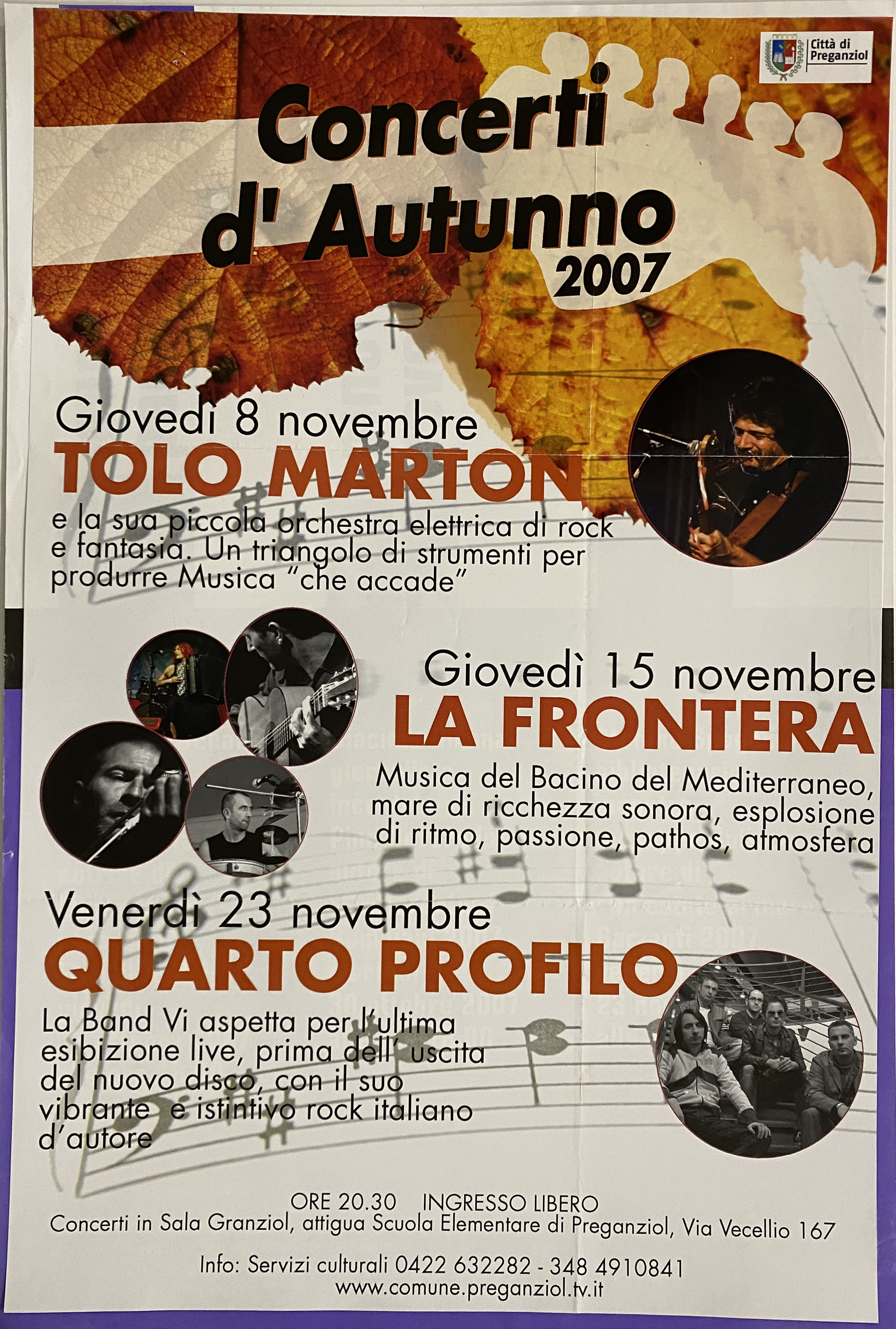 grafica con paletta di chitarra elettrica su foglie autunnali, pentagramma con note musicali, ritratti fotografici di Tolo Marton, la Frontera, Quarto profilo (locandina) - ambito veneto (inizio XXI)