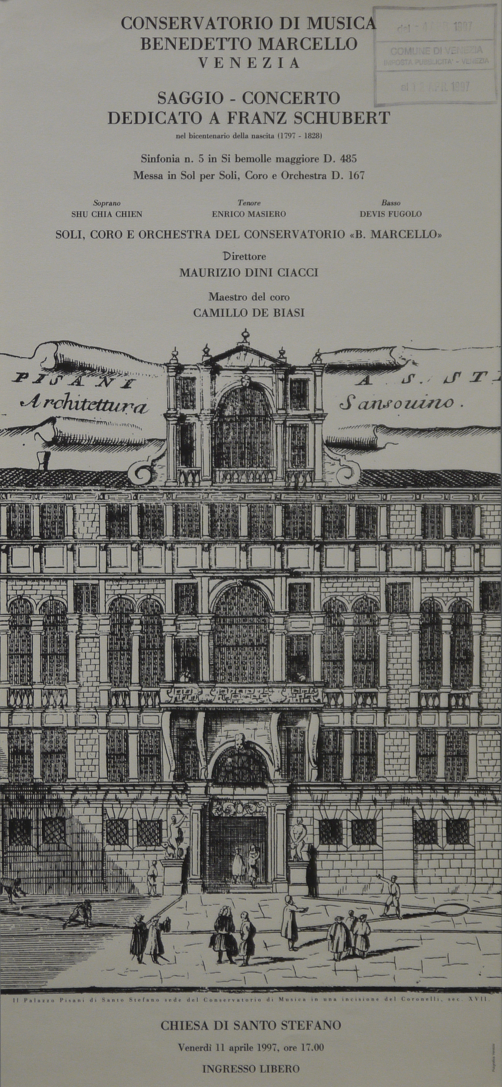 riproduzione dell'incisione di Vincenzo Maria Coronelli raffigurante il Palazzo Pisani di Santo Stefano a Venezia (inizio sec. XVIII), sede del Conservatorio di Musica Benedetto Marcello (locandina) - ambito veneto (fine XX)