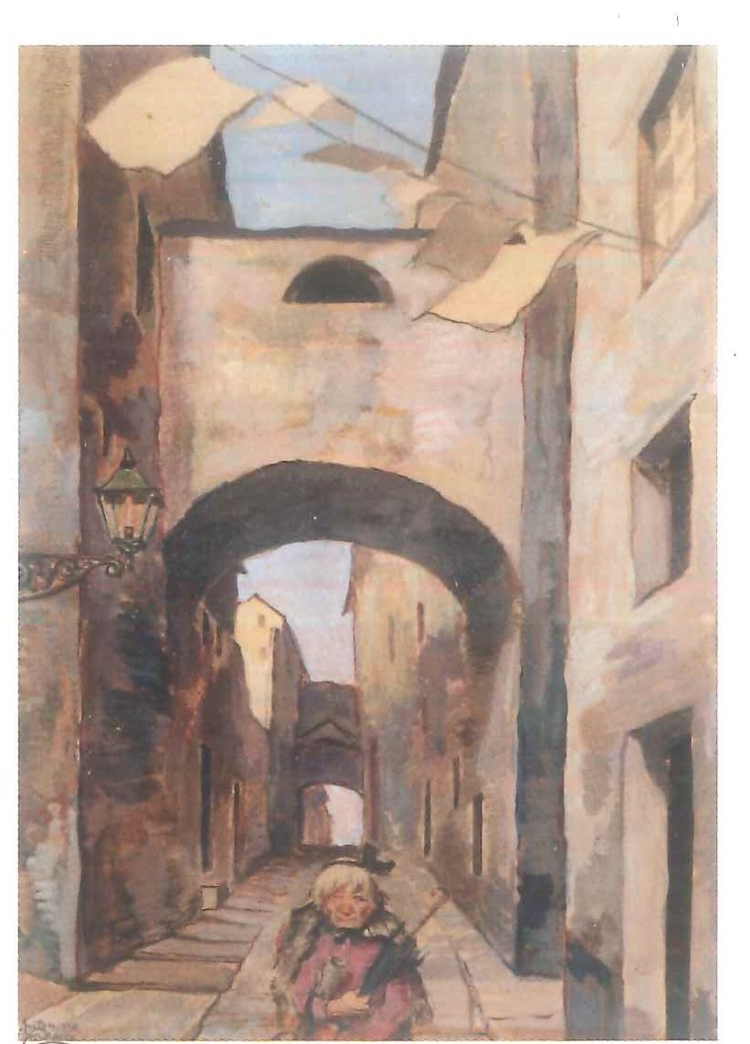 Salita Cannoni, Figura femminile, costruzioni architettoniche (dipinto, opera isolata) di Antonino Traverso (seconda metà XX)