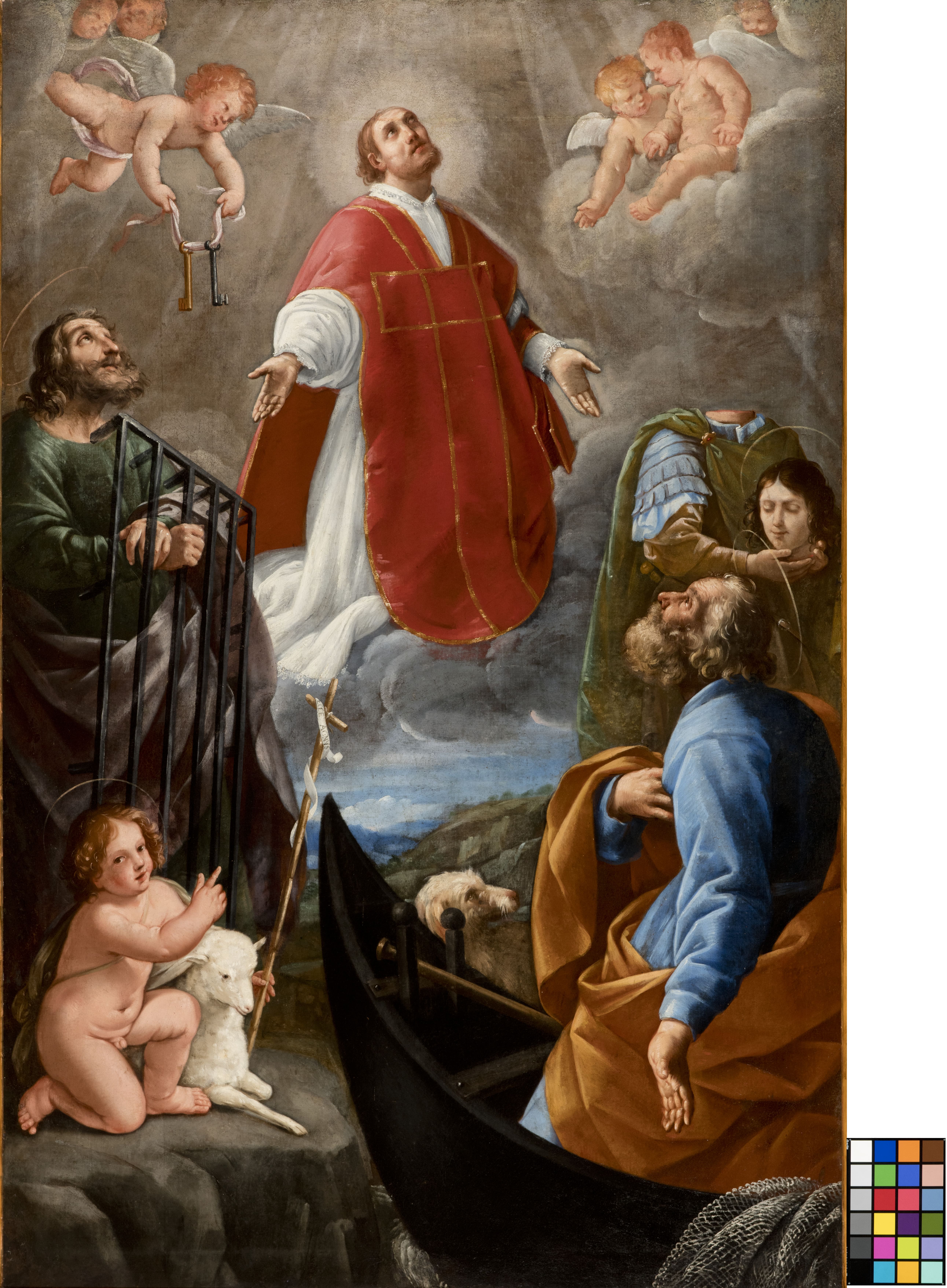 Gloria di San Lorenzo Martire con i Santi Giovannino, Donnino e Pietro (dipinto, opera isolata) di Giarola Antonio (metà XVII)