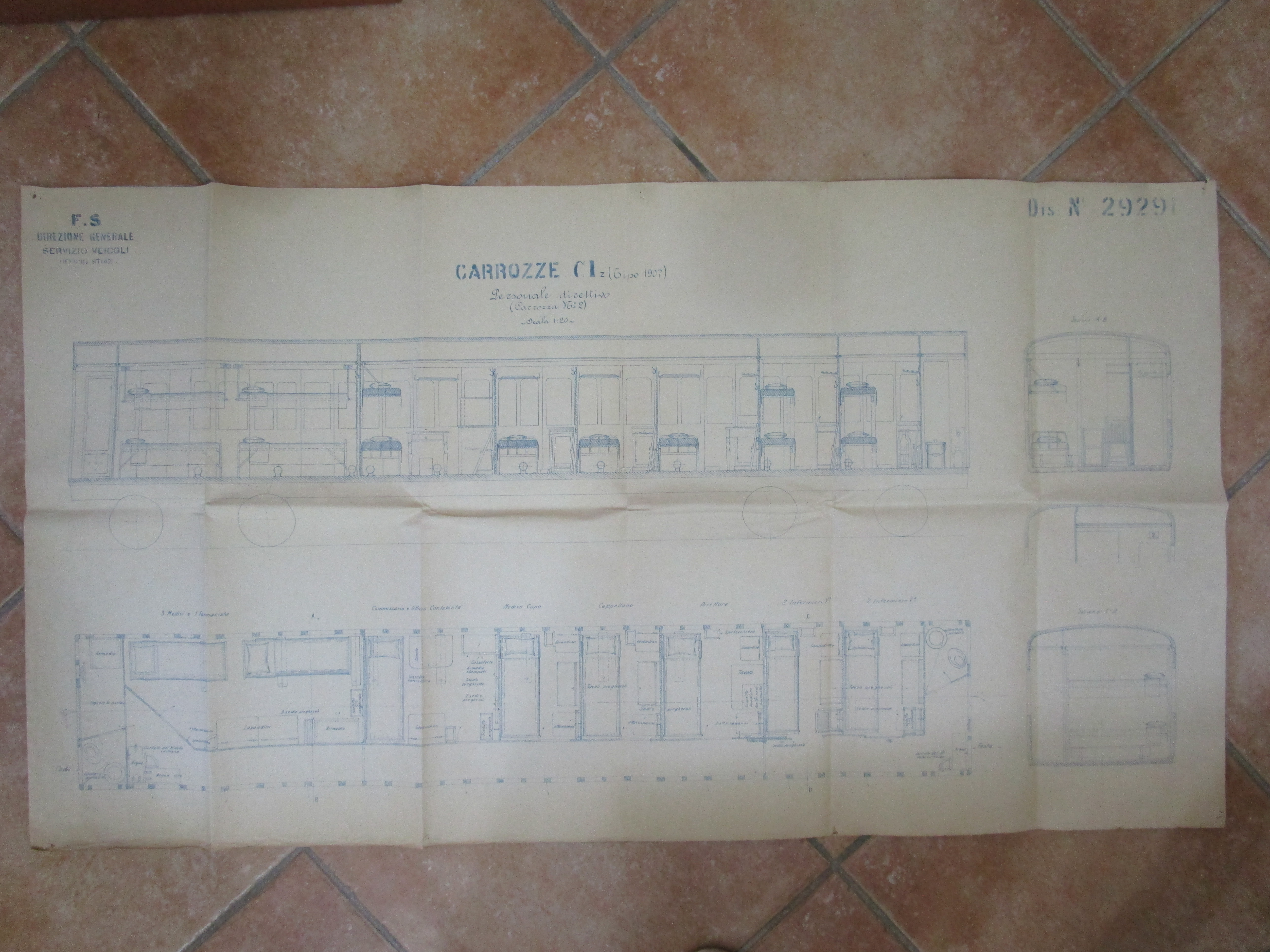 Carrozze Cl.1 tipo 1907 Personale direttivo (Carrozza N.2), Carrozza del personale direttivo (disegno tecnico, opera isolata) di Ferrovie dello Stato - ambito italiano (inizio XX ssecolo)