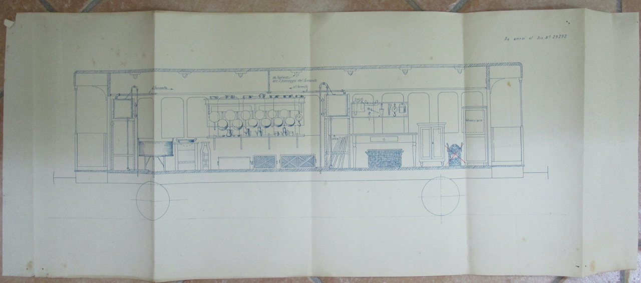 Carrozza cucina, Disegno per la cucina del Treno Ospedale (disegno tecnico, opera isolata) di Ferrovie dello Stato - ambito italiano (inizio XX secolo)